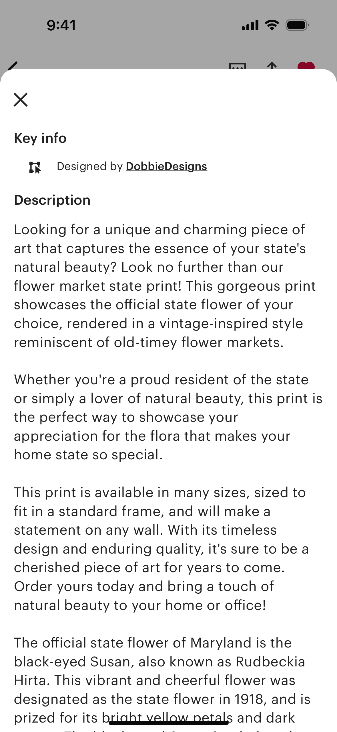 View item description on Etsy (ios) screen 2
