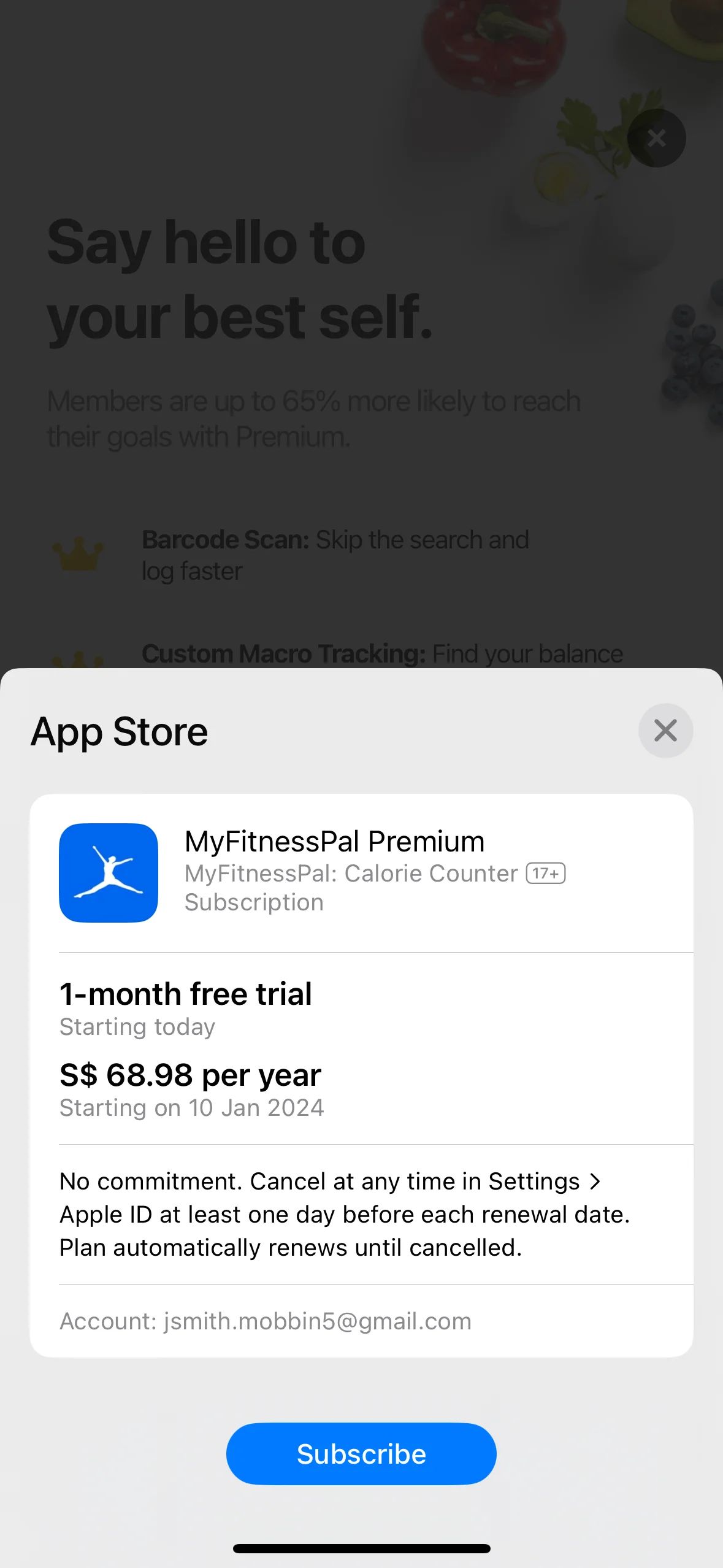 Subscribing to premium on MyFitnessPal (ios) screen 2