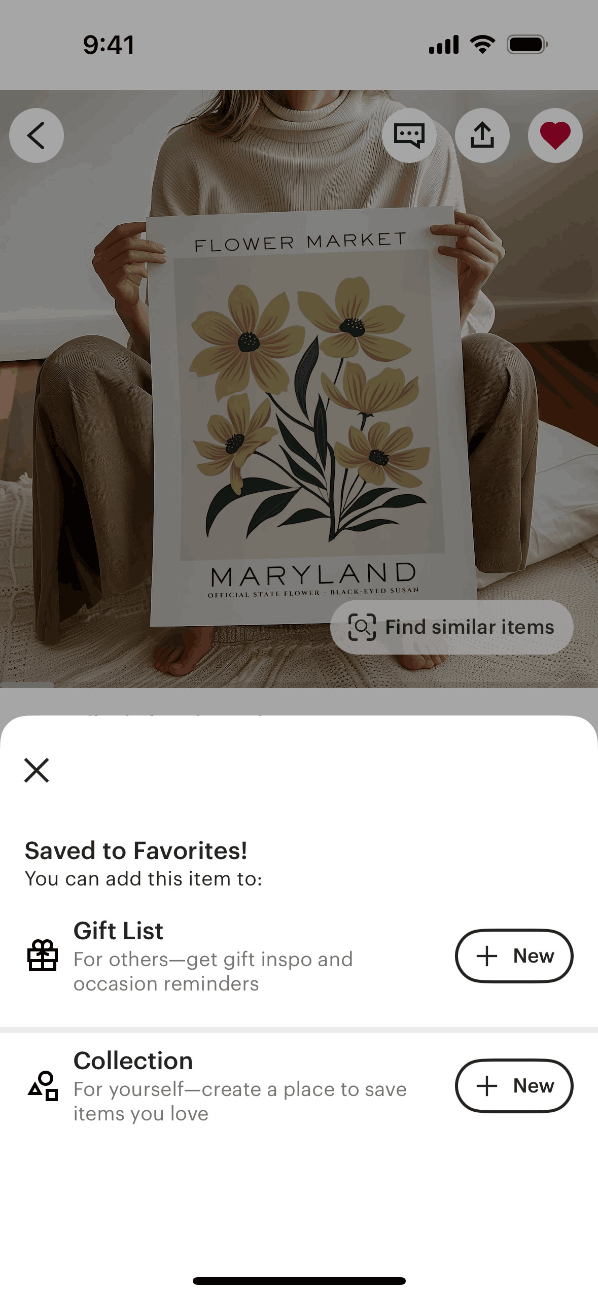 Saving an item to favorites on Etsy (ios) screen 2