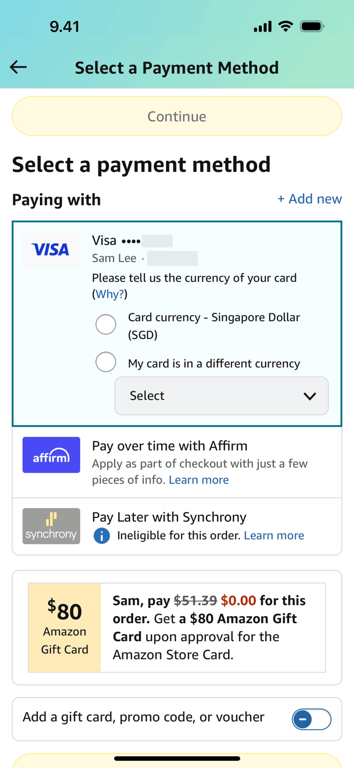Placing an order on Amazon Shopping (ios) screen 2