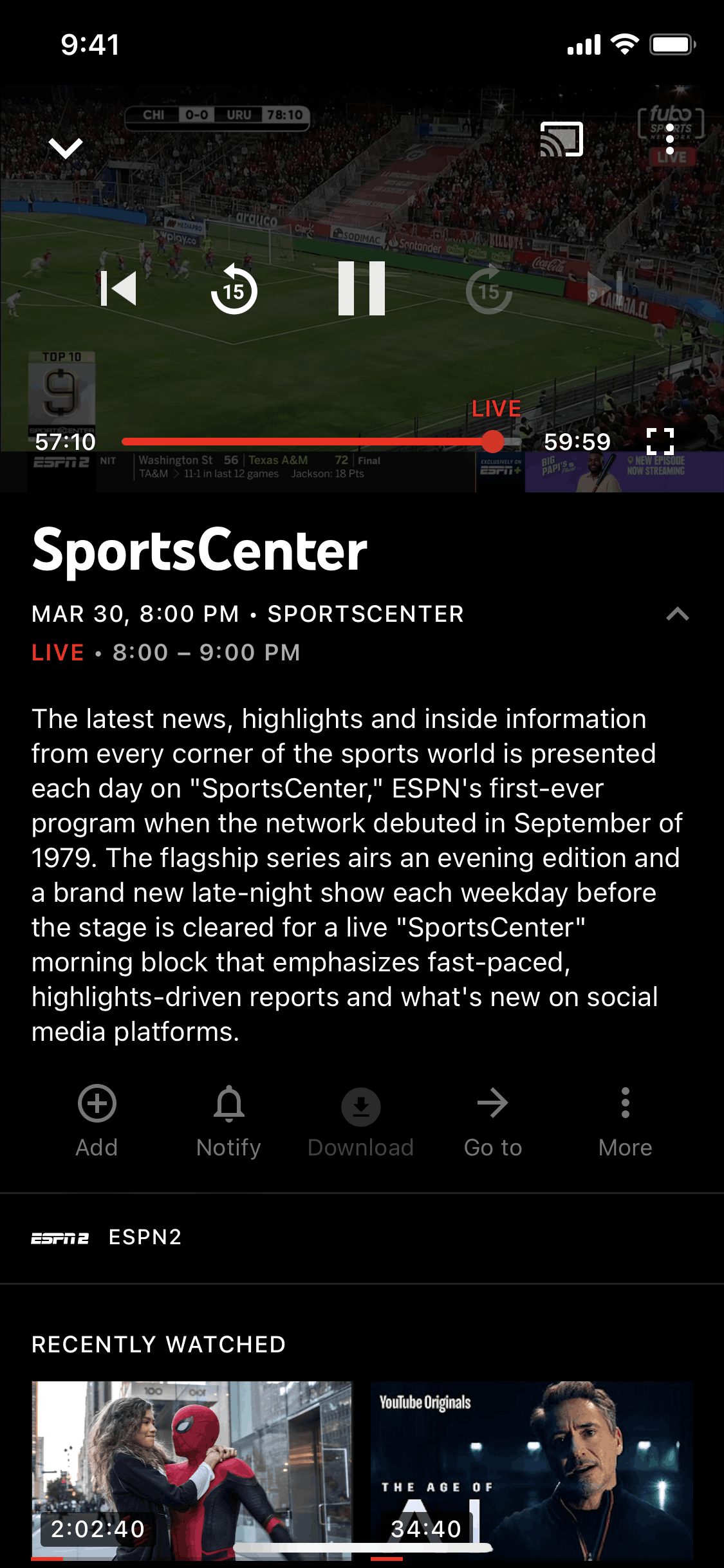 Video player options on YouTube TV (ios) screen 2