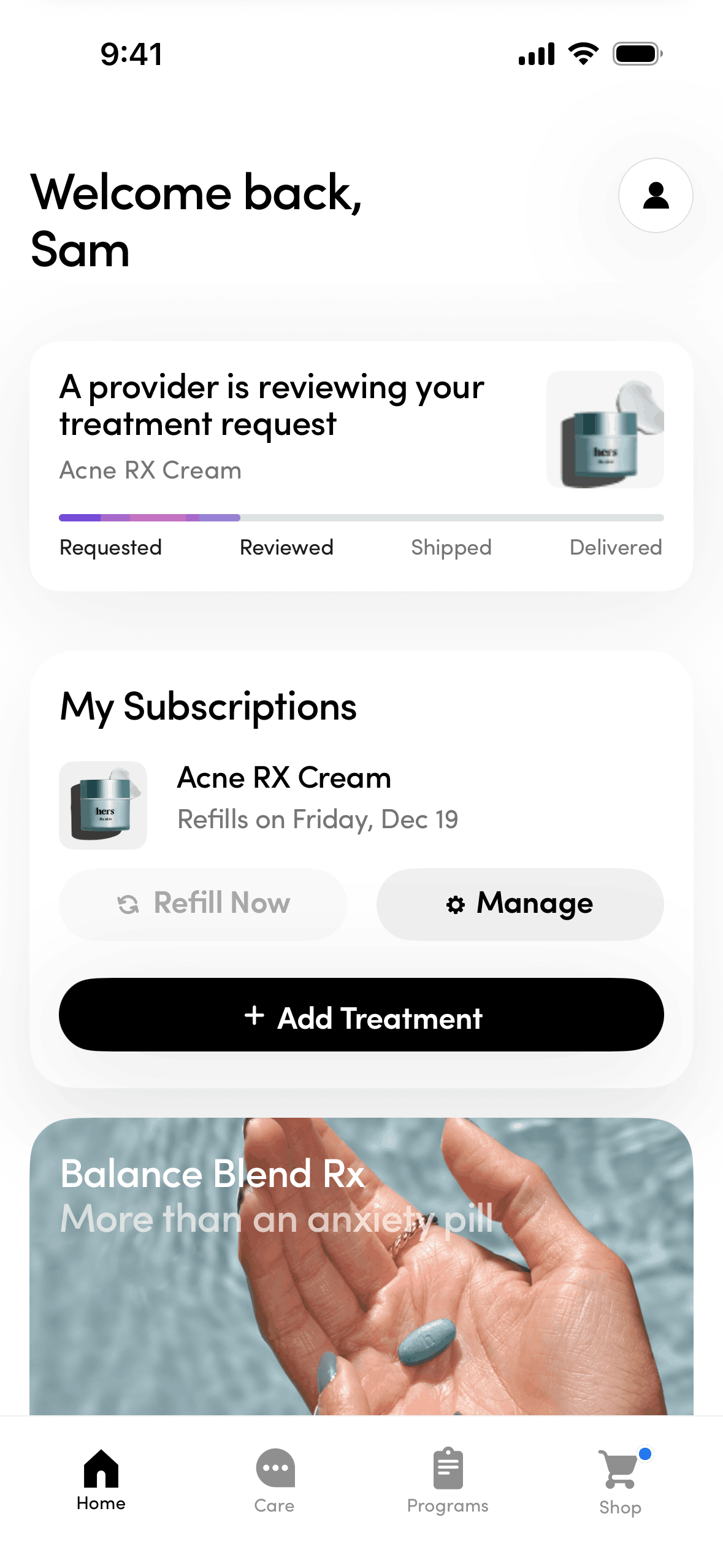 Hers iOS Medical interface screenshot 1