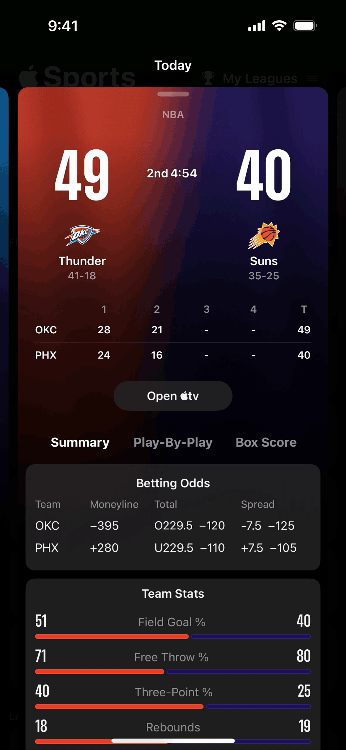 Apple Sports iOS Sports interface screenshot 4