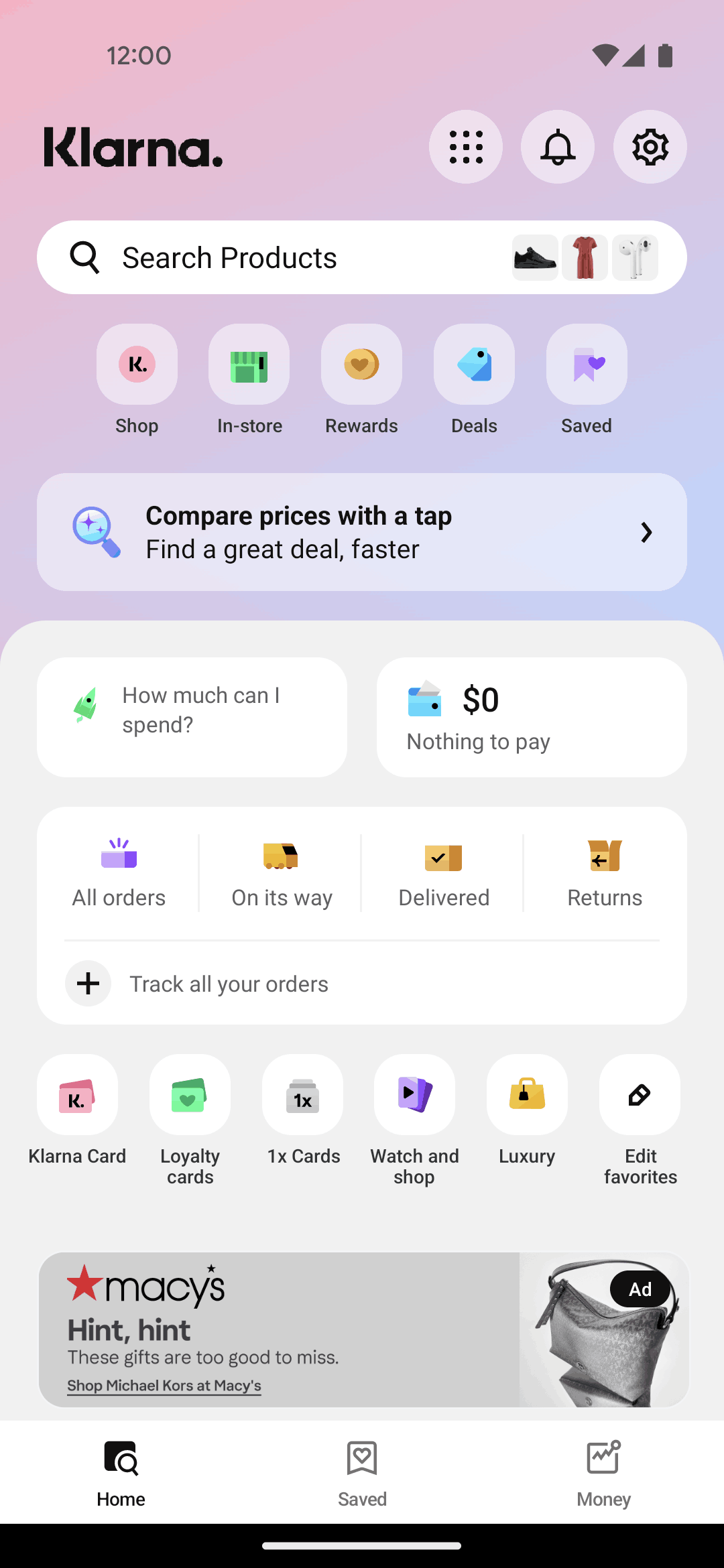 Klarna Android Shopping interface screenshot 1