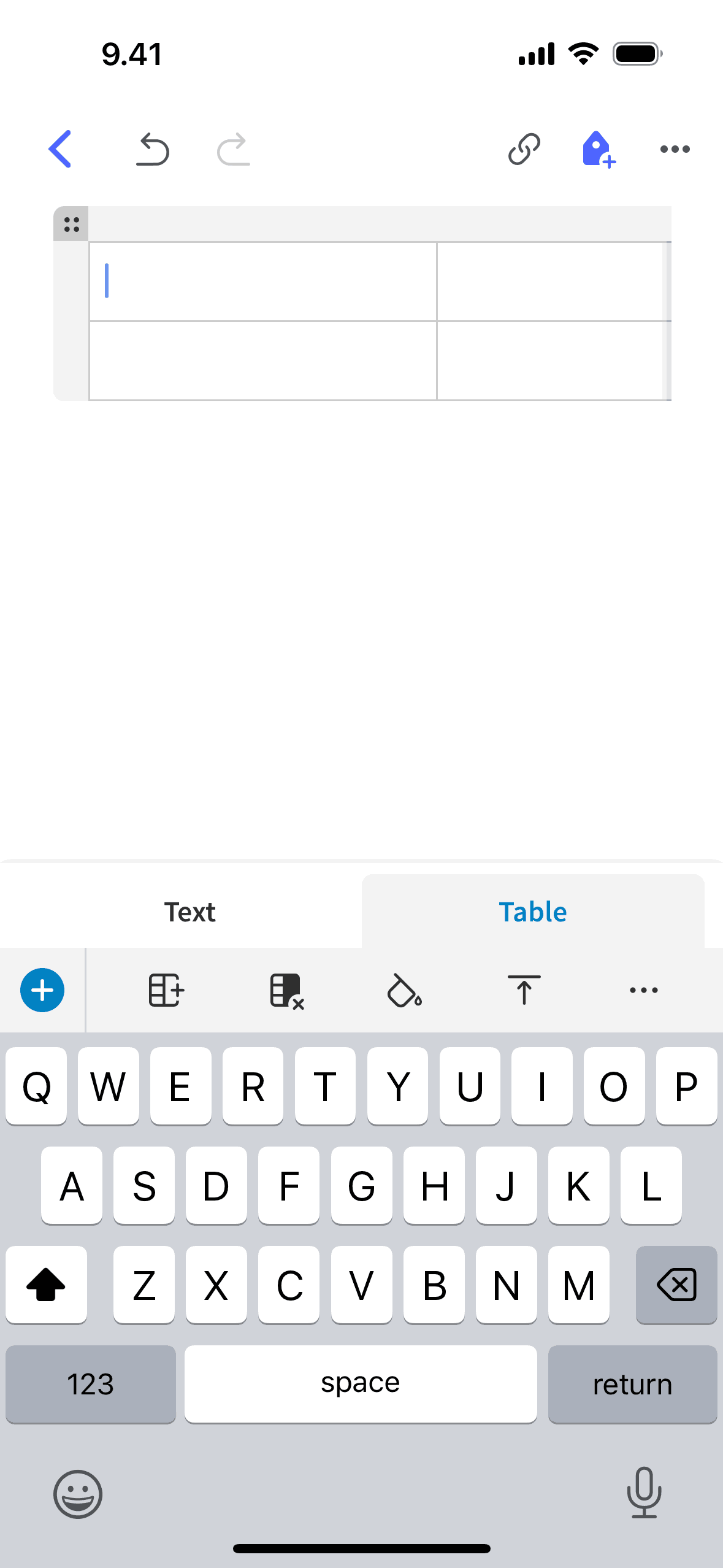 Adding a table on Evernote (ios) screen 2