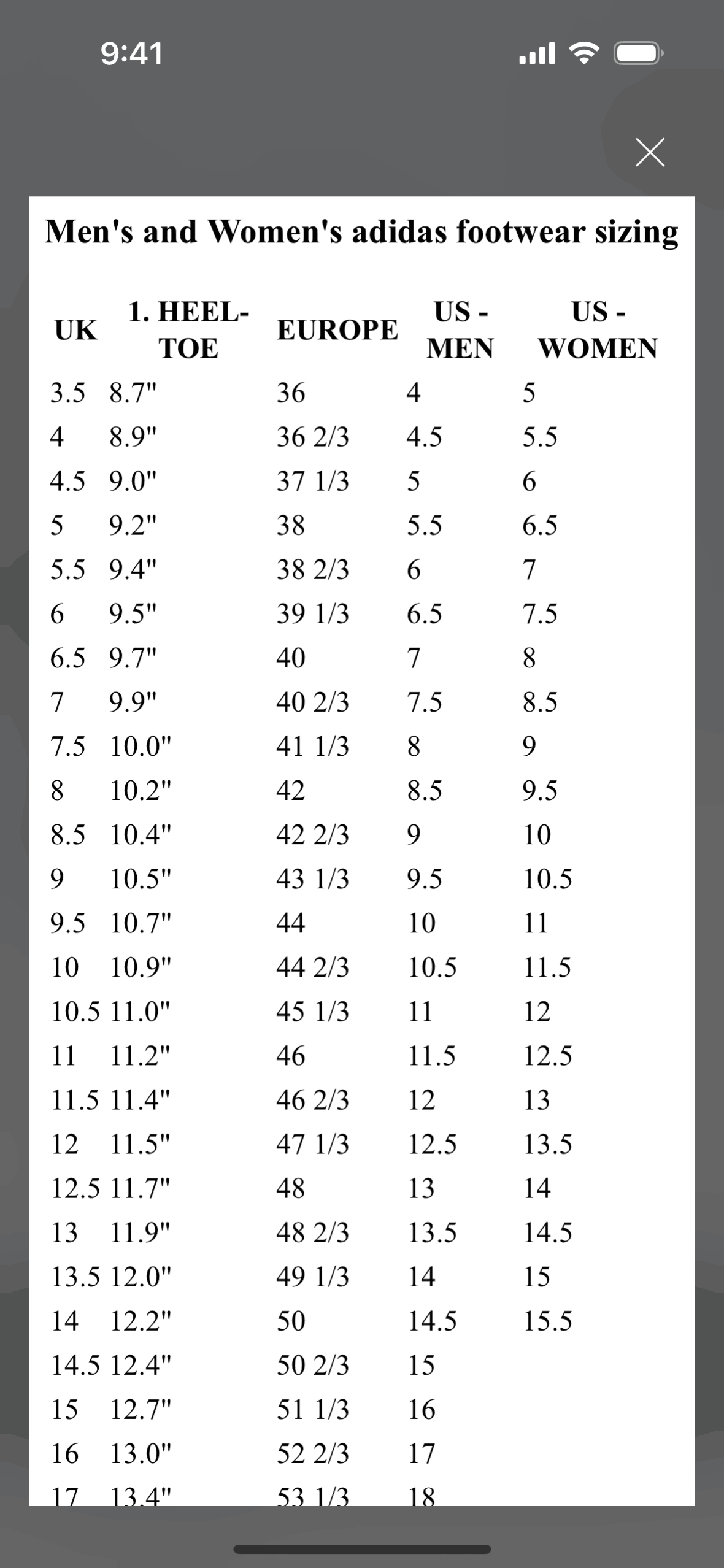 Size guide on adidas (ios) screen 2