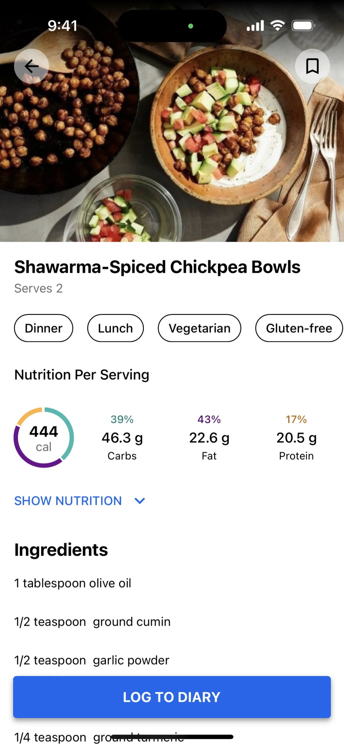 Recipe detail on MyFitnessPal (ios) screen 2