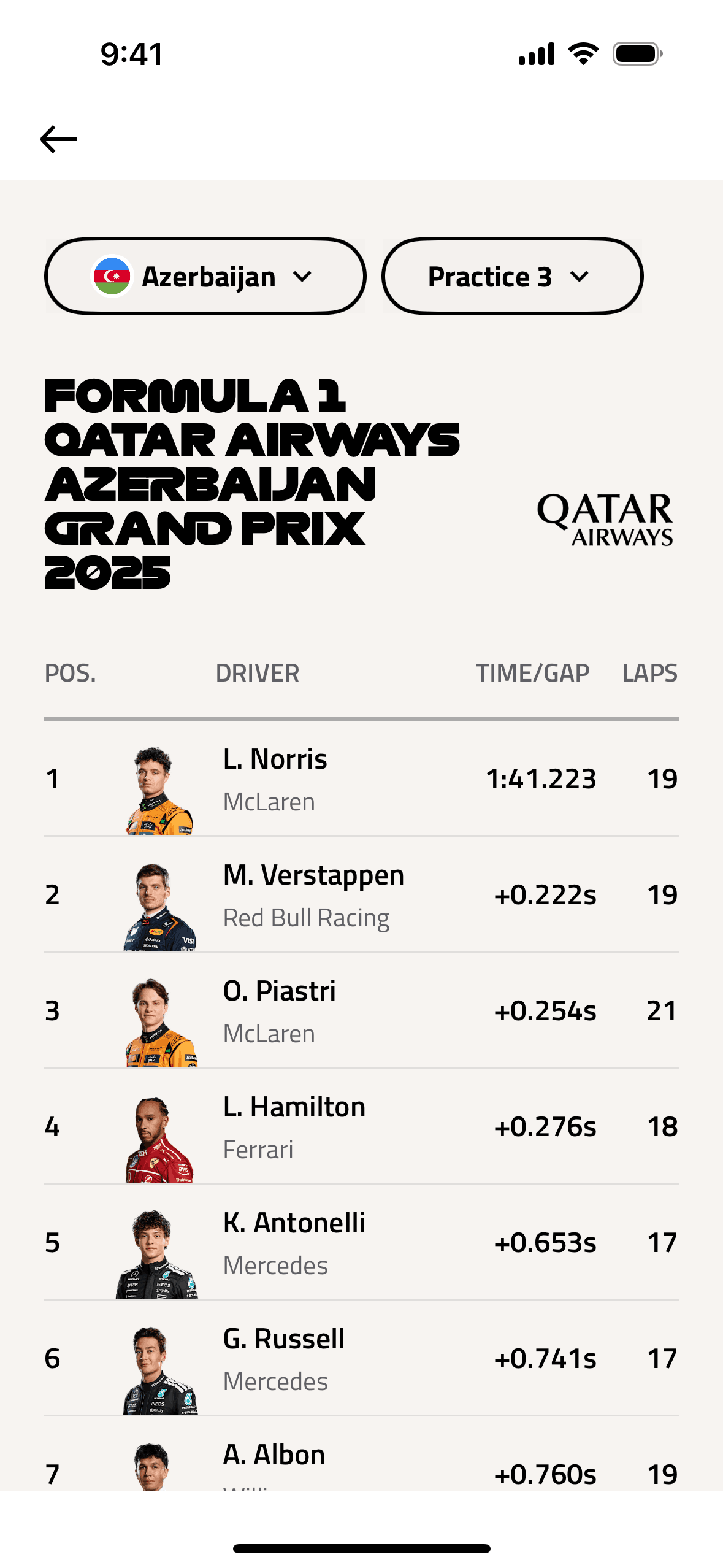 Formula 1® iOS Sports interface screenshot 8