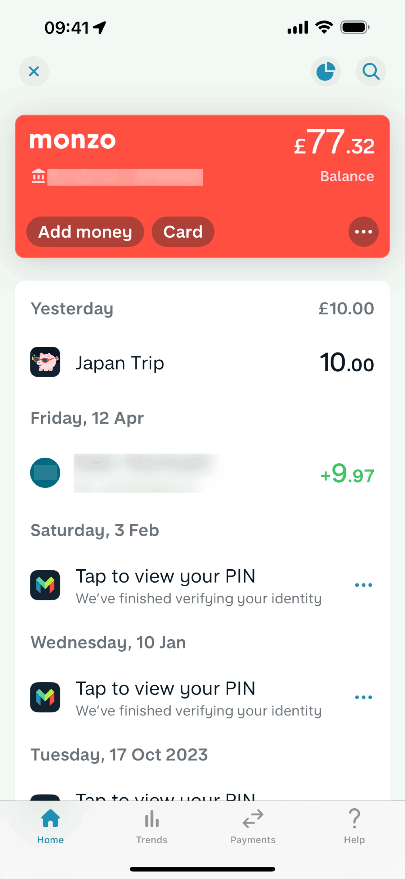 Activity on Monzo (ios) screen 2