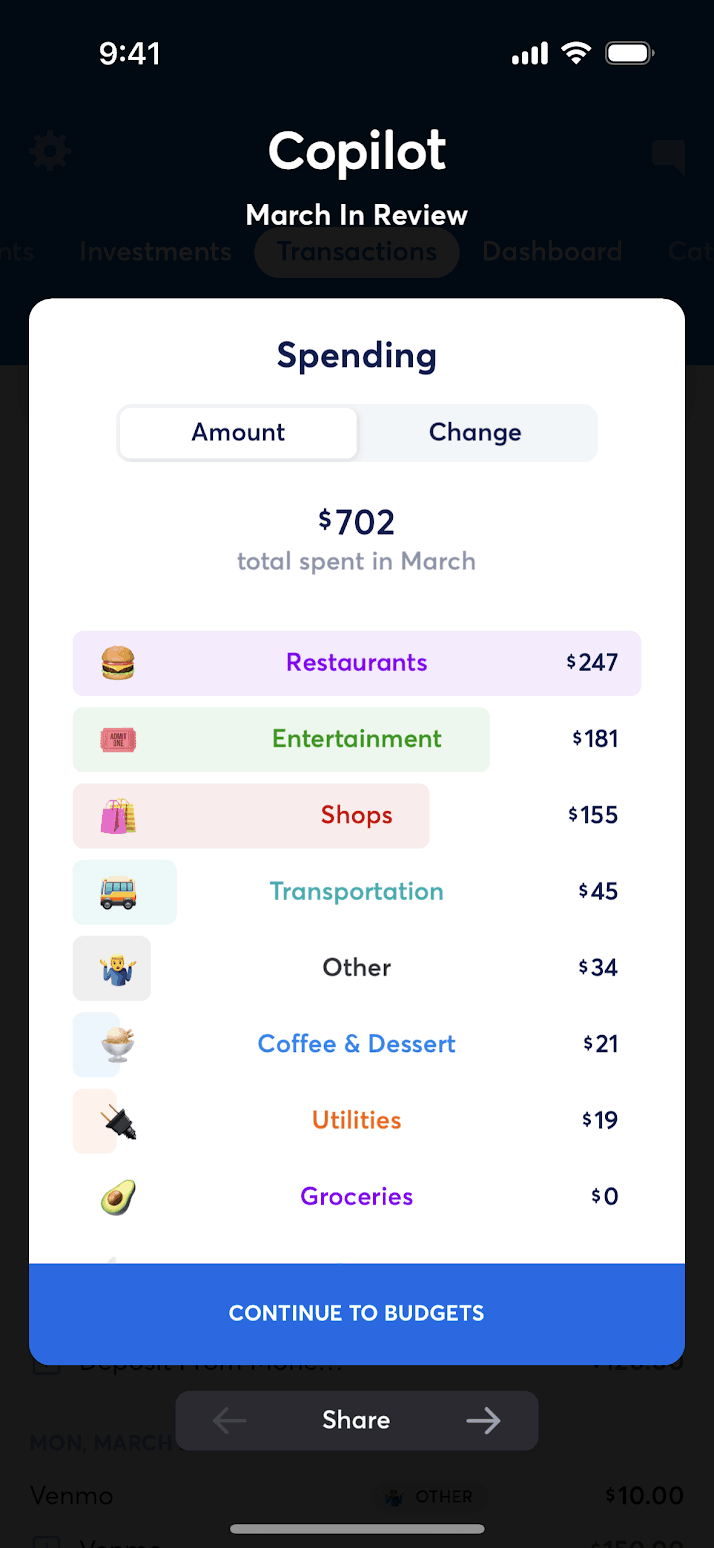 Copilot iOS Finance interface screenshot 1
