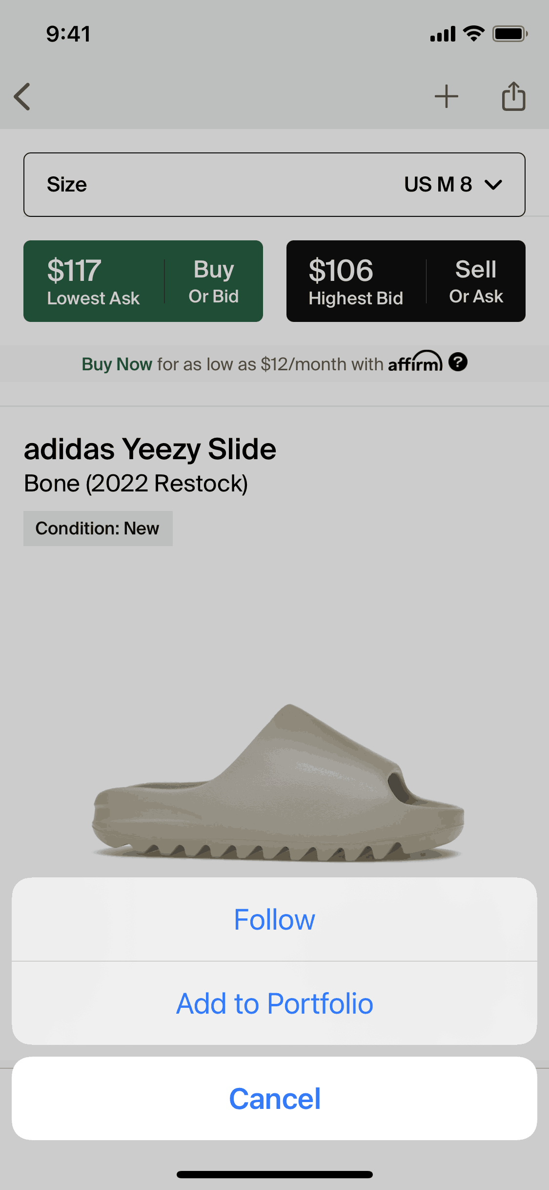 Following an item on StockX (ios) screen 2