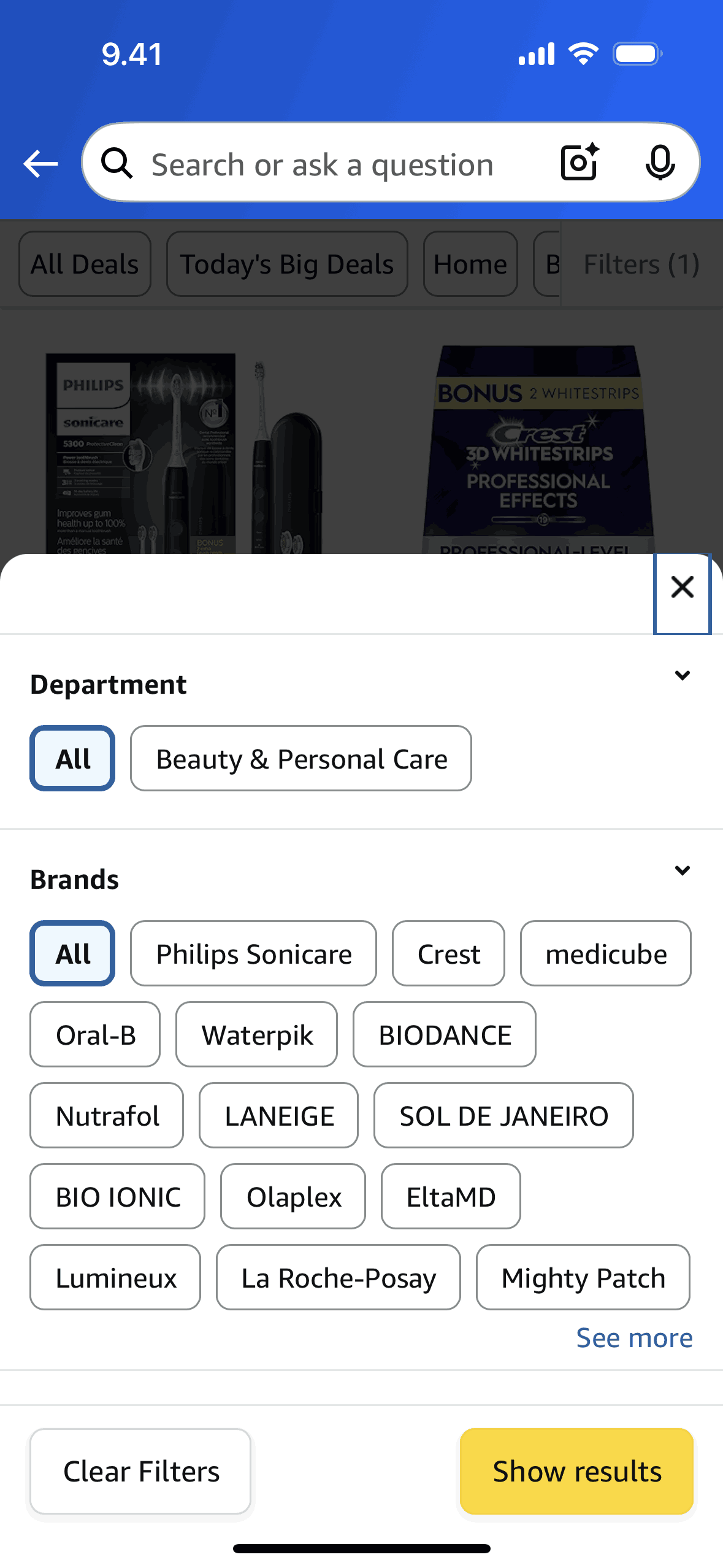 Filtering products (category) on Amazon Shopping (ios) screen 2