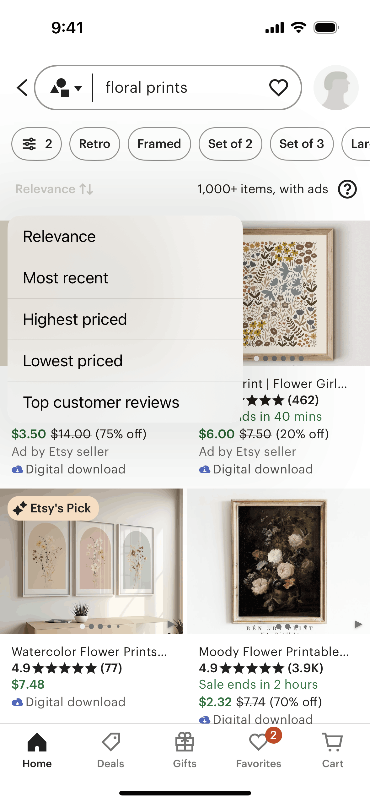 Sorting search results on Etsy (ios) screen 2