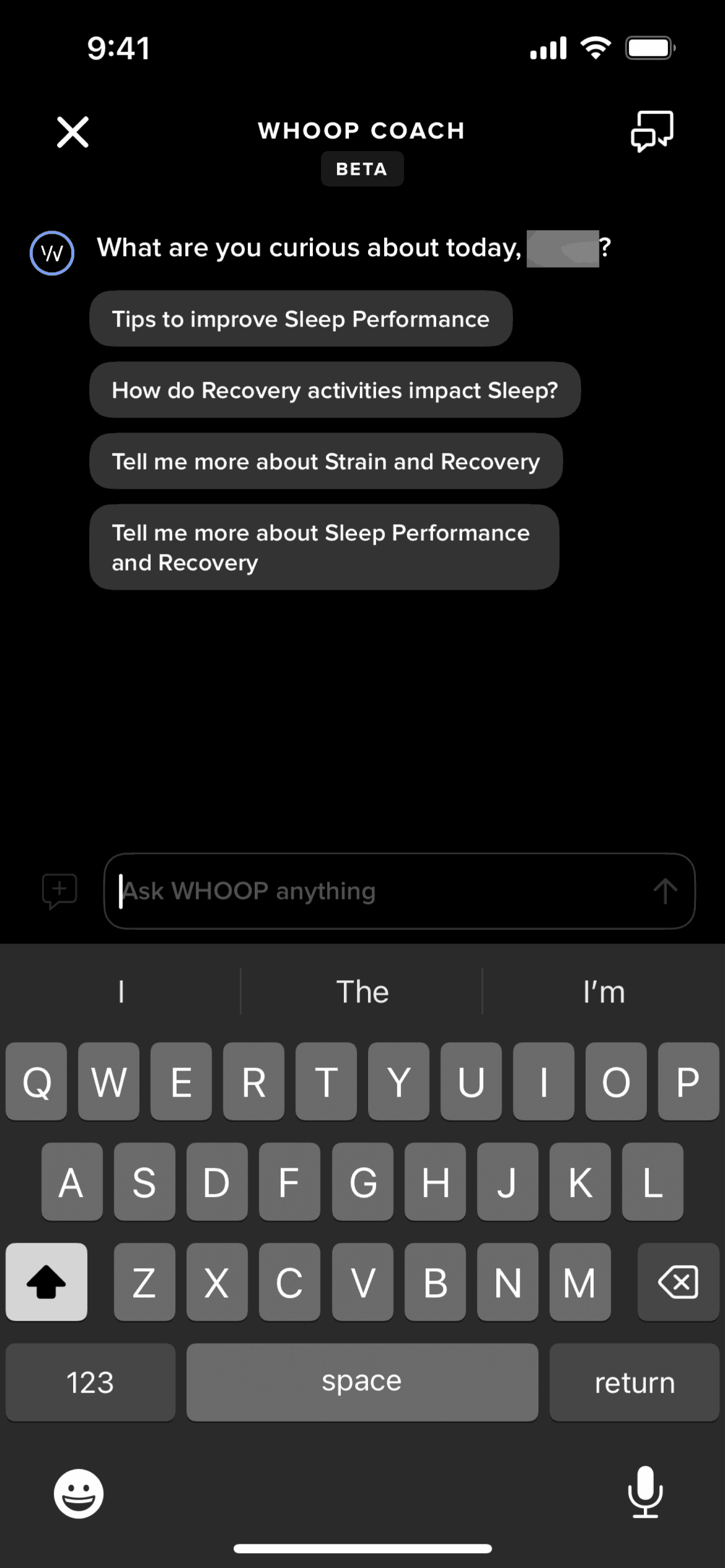 Chatting with WHOOP coach on WHOOP (ios) screen 2