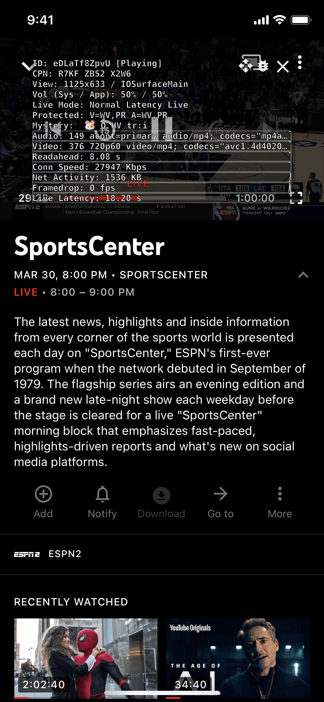 Stats on YouTube TV (ios) screen 2