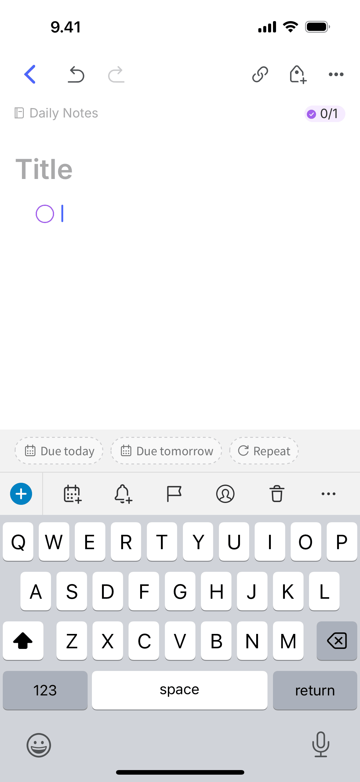 Adding a task on Evernote (ios) screen 2
