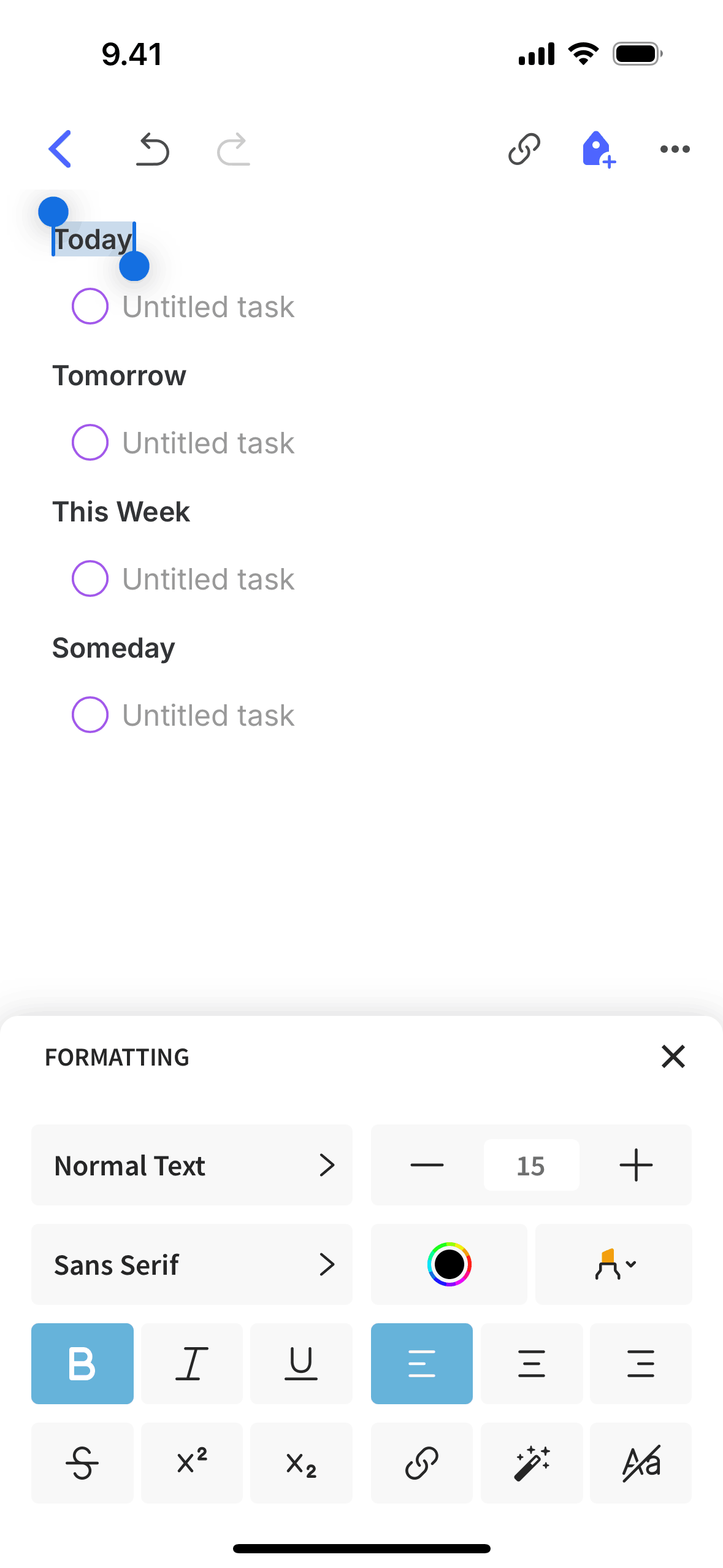 Formatting text on Evernote (ios) screen 2