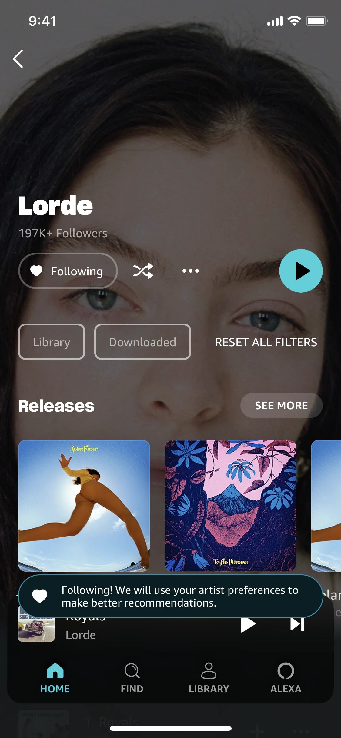 Following an artist on Amazon Music (ios) screen 2