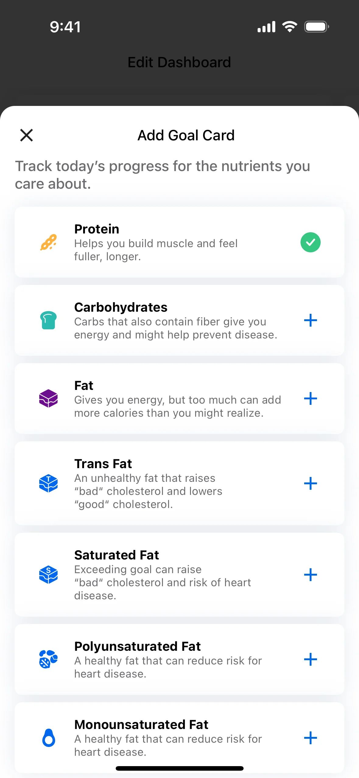 Adding a goal card on MyFitnessPal (ios) screen 2