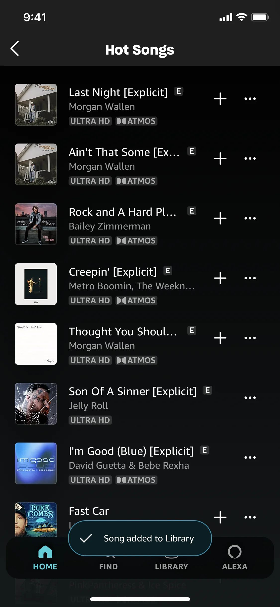 Adding song to Library on Amazon Music (ios) screen 2