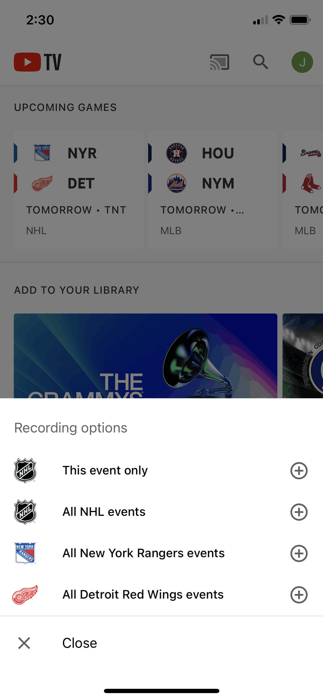 Adding an event to library on YouTube TV (ios) screen 2