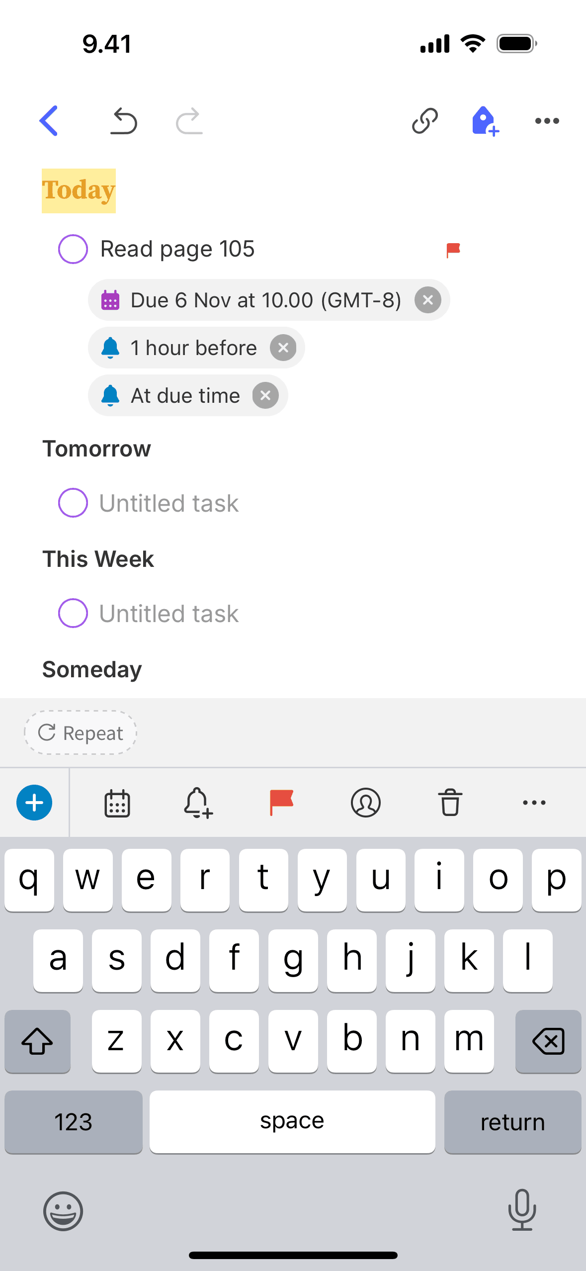 Flagging a task on Evernote (ios) screen 2