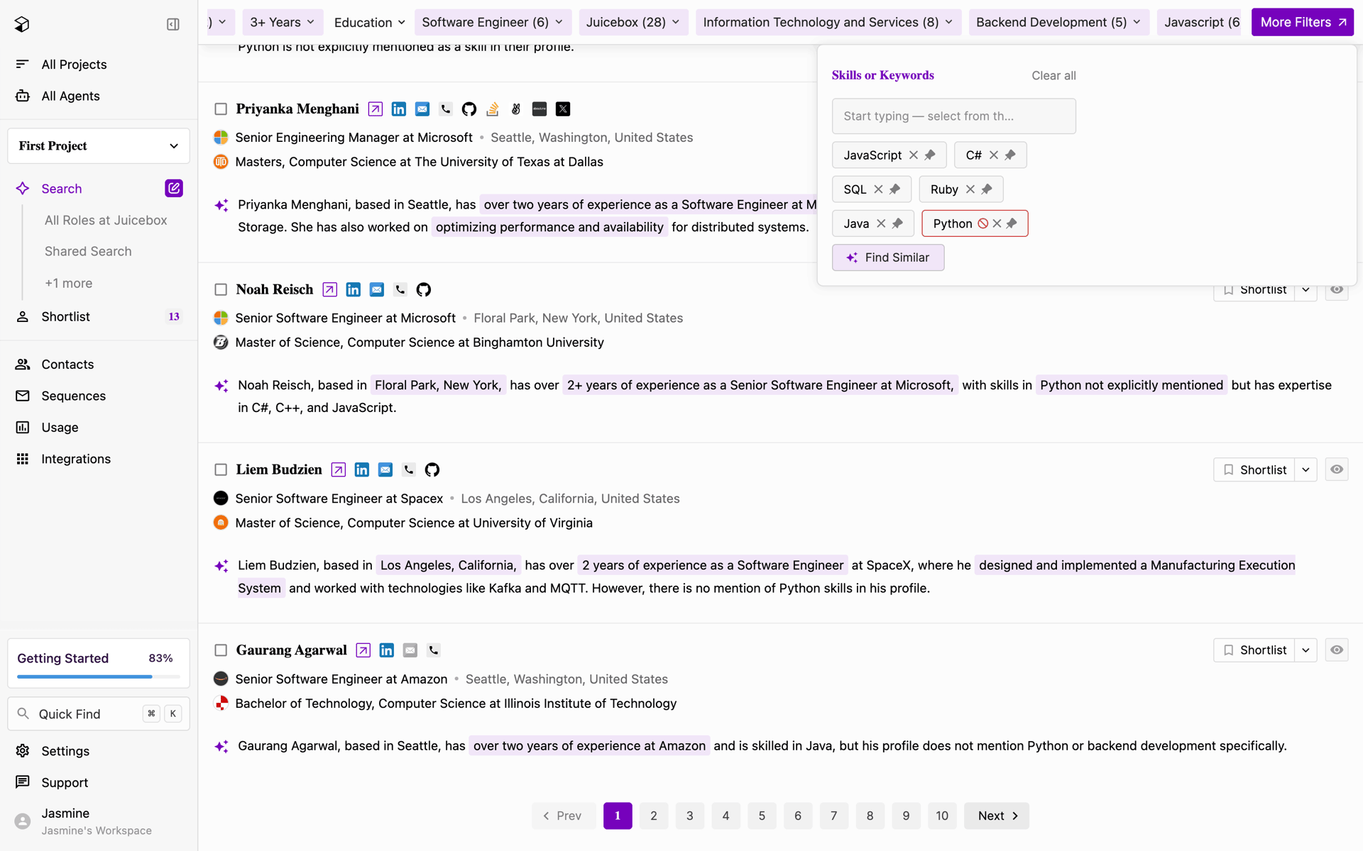 Juicebox Web Jobs & Recruitment interface screenshot 2