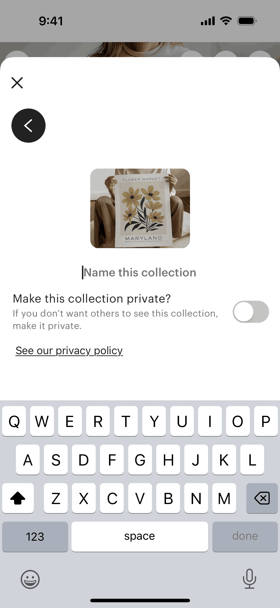 Creating a new collection on Etsy (ios) screen 2