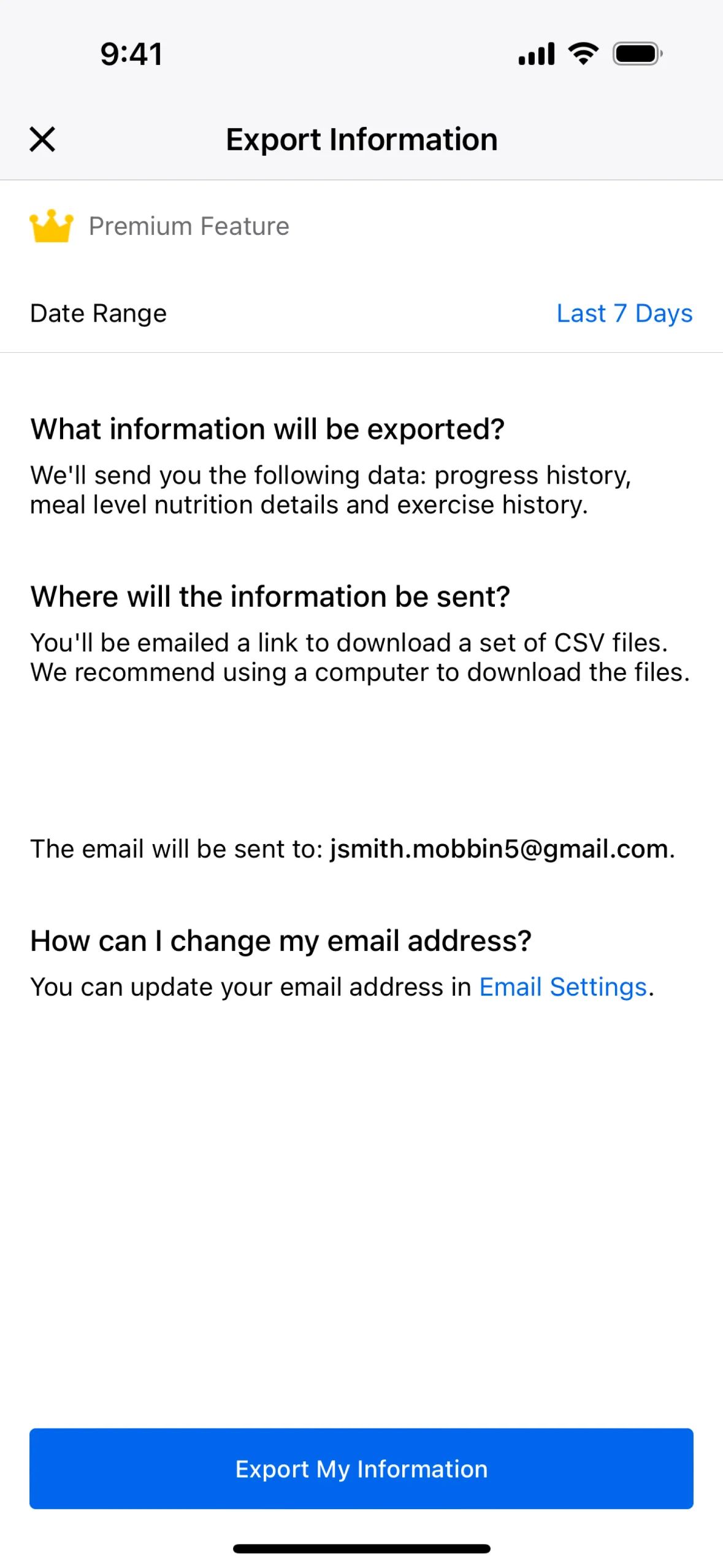 Exporting data on MyFitnessPal (ios) screen 2
