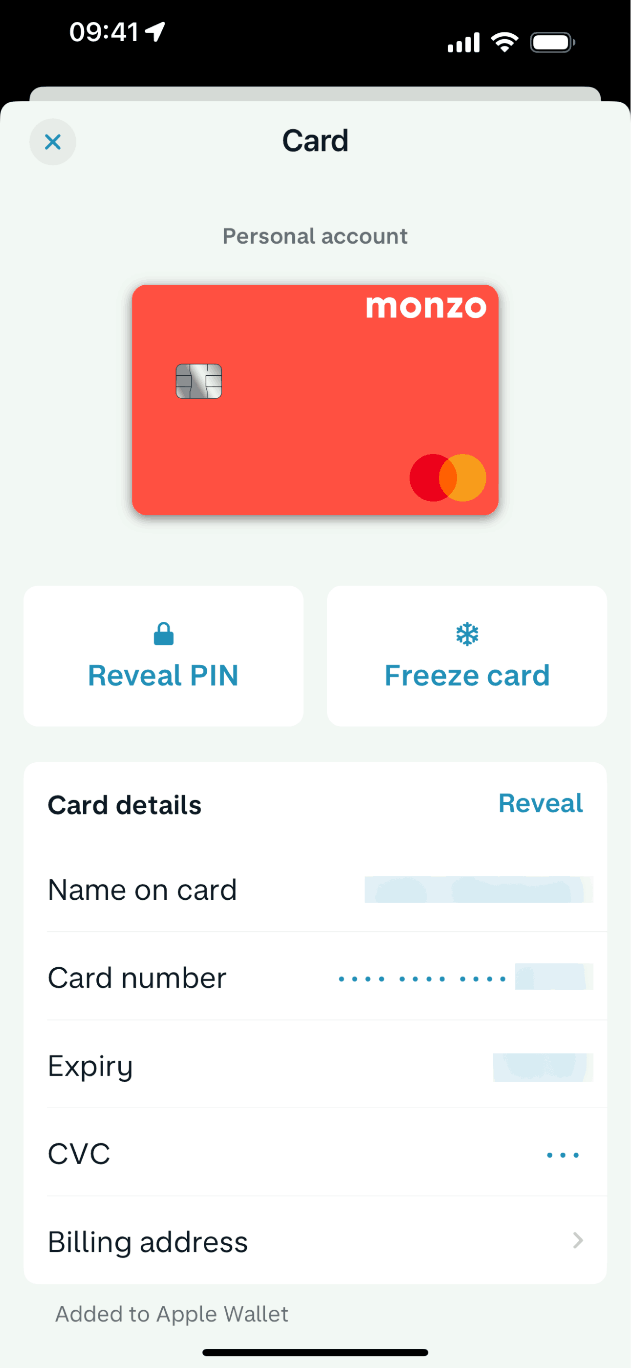 Card detail on Monzo (ios) screen 2