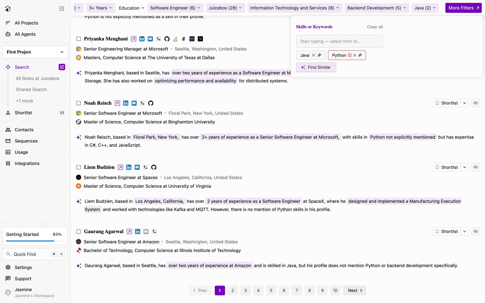 Juicebox Web Jobs & Recruitment interface screenshot 1