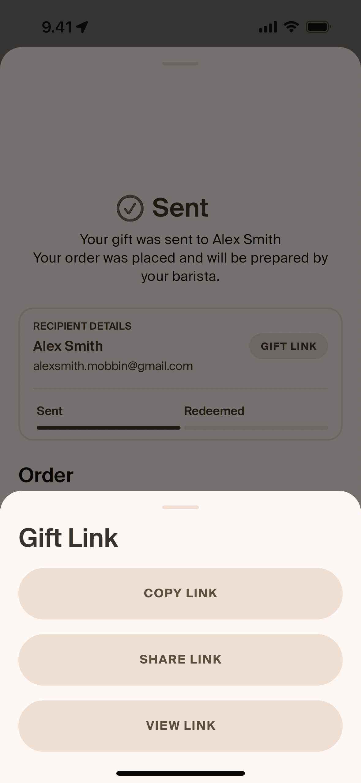 Copying gift link on Blank Street (ios) screen 2