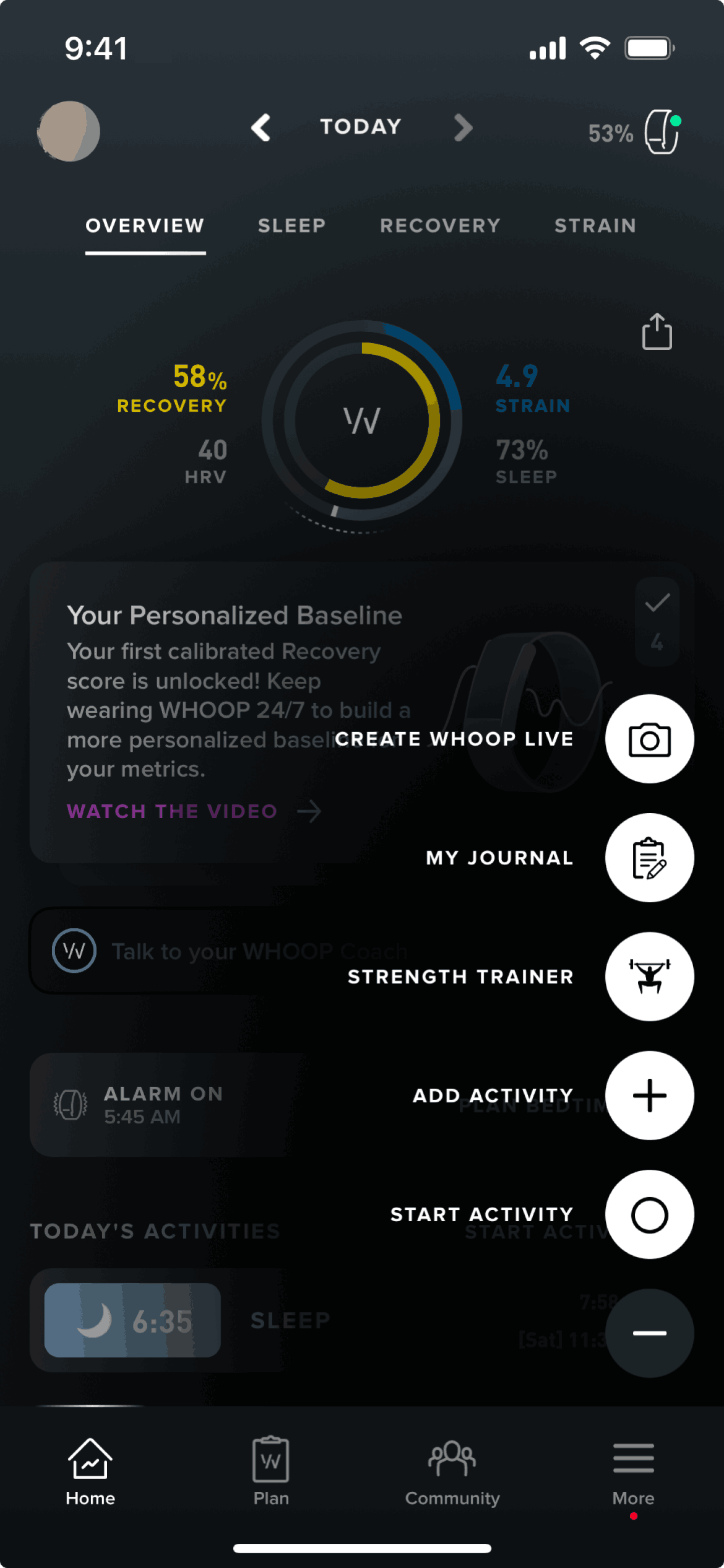 Action button on WHOOP (ios) screen 2