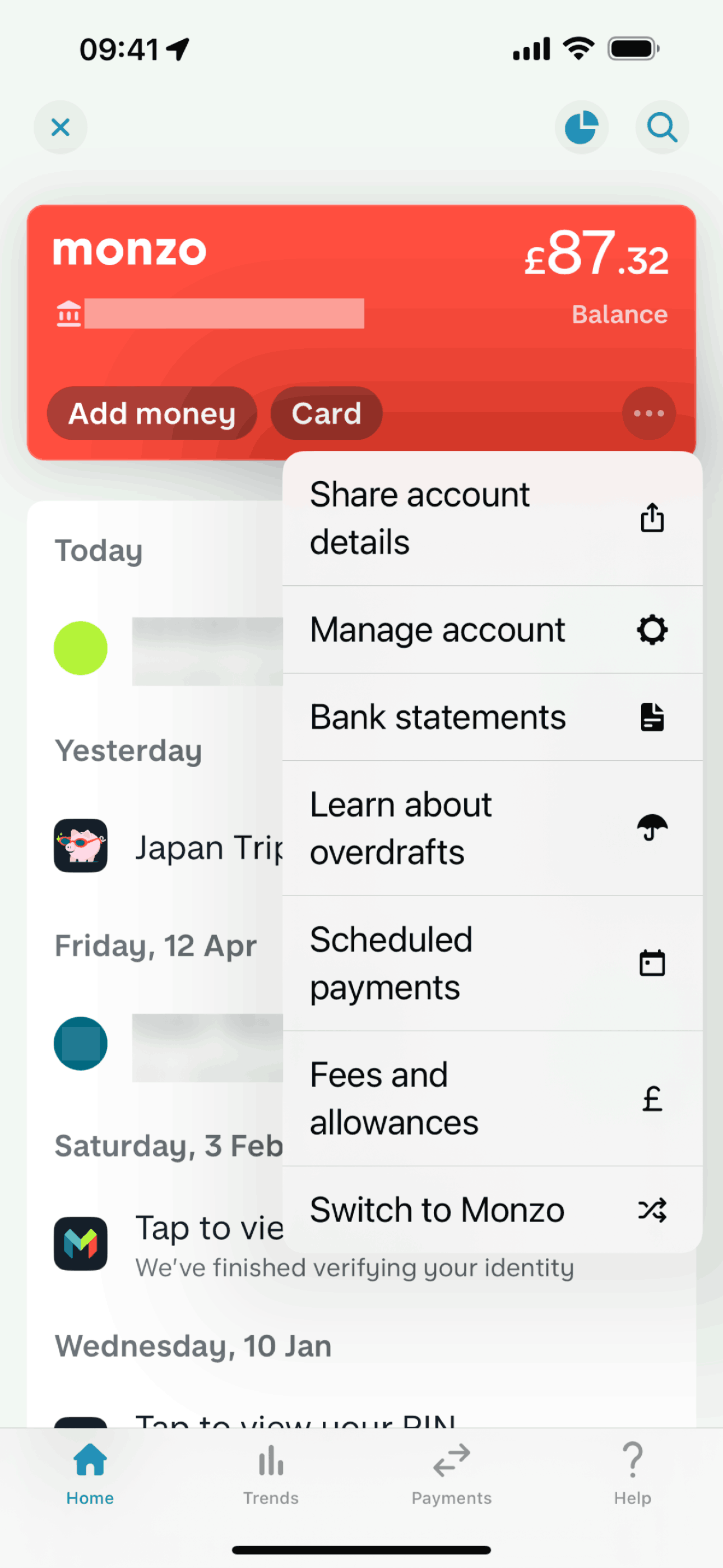 Action options on Monzo (ios) screen 2