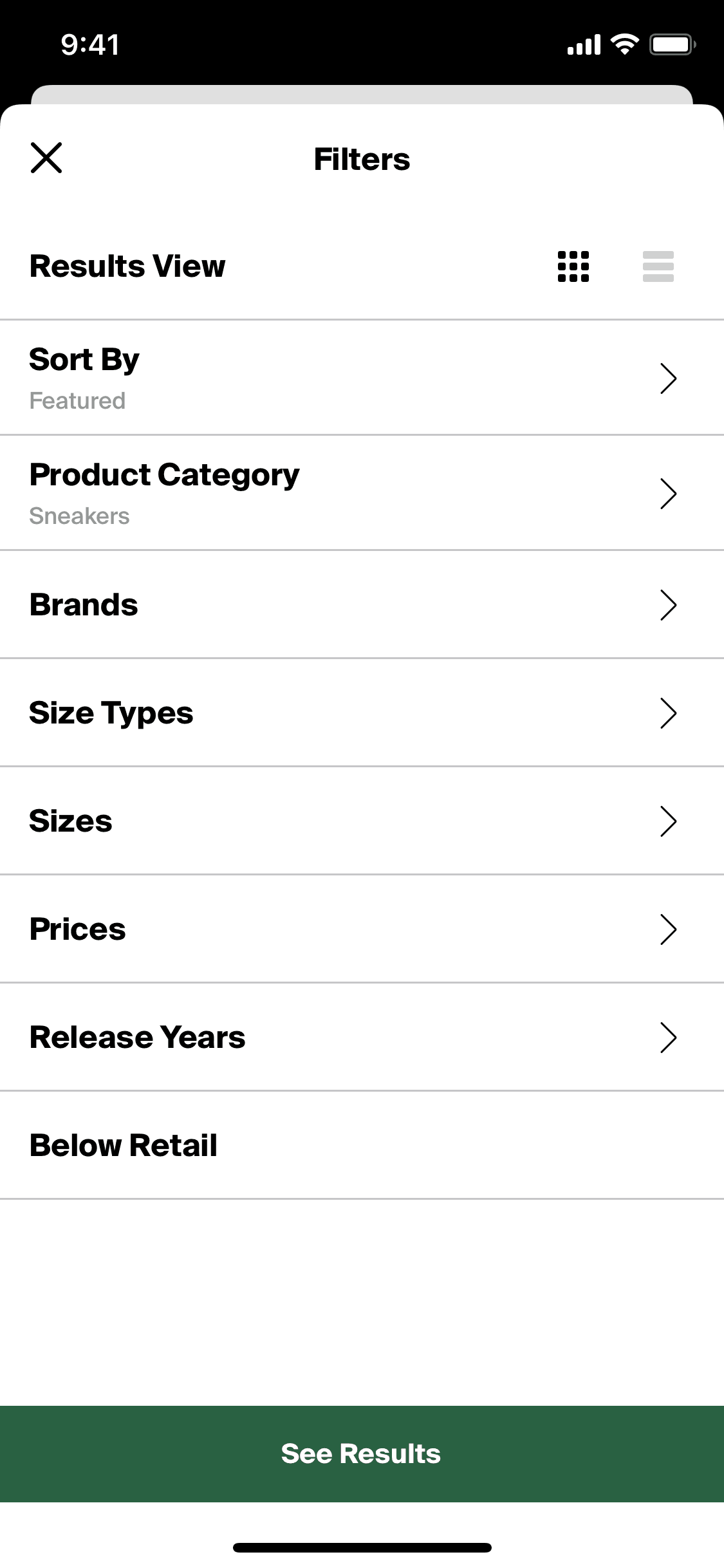 Switching results view on StockX (ios) screen 2