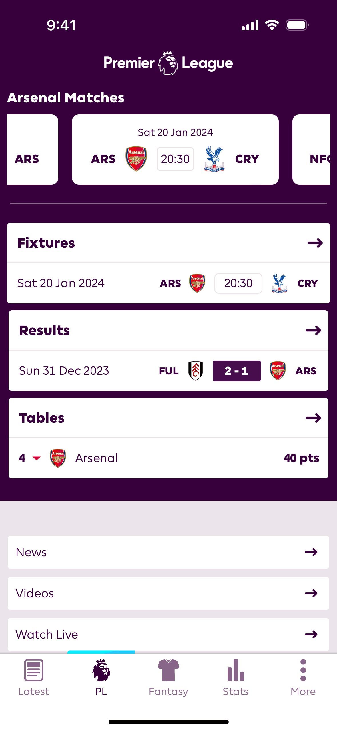Premier League iOS Sports interface screenshot 2