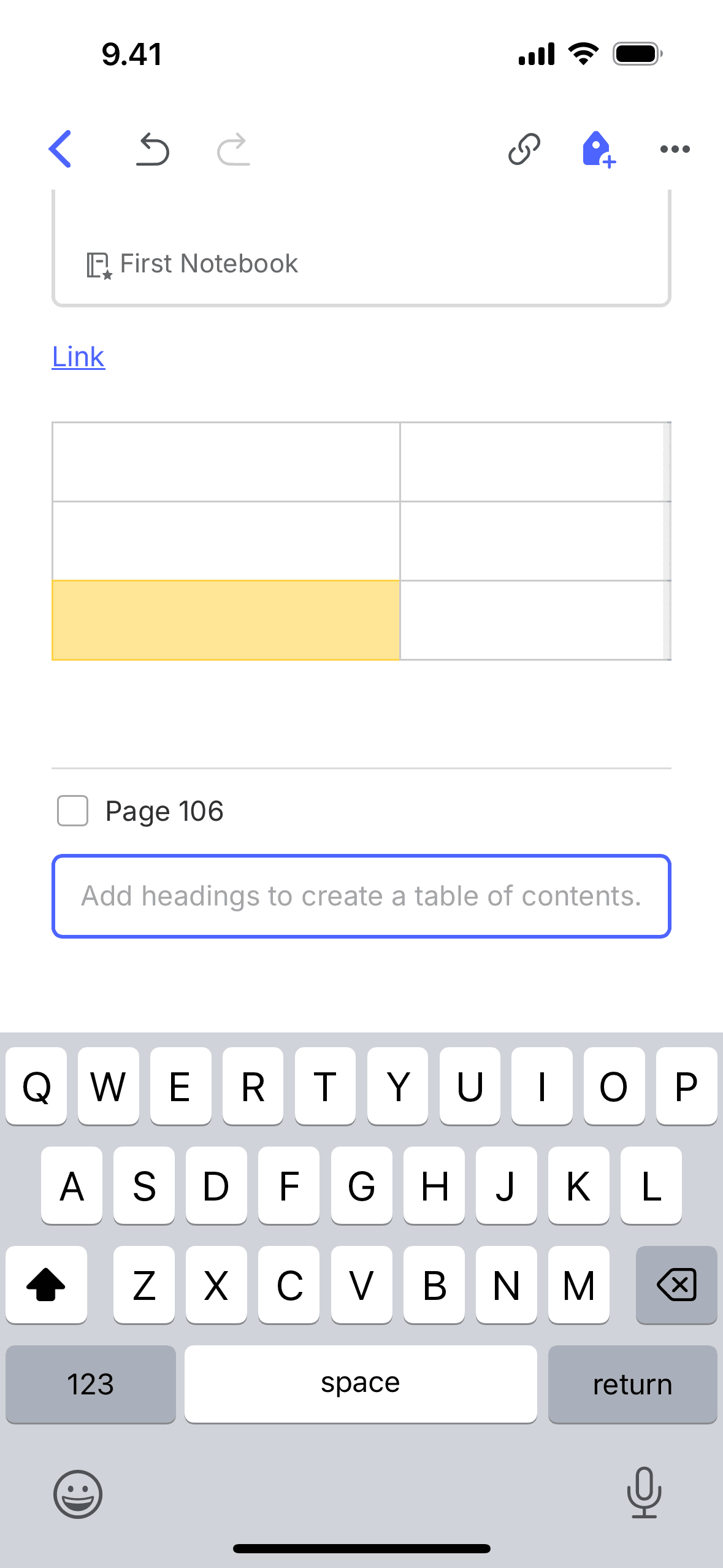 Adding table of contents on Evernote (ios) screen 2