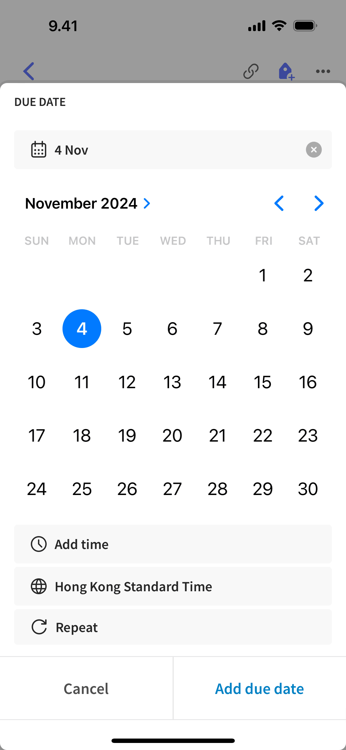 Adding a due date on Evernote (ios) screen 2