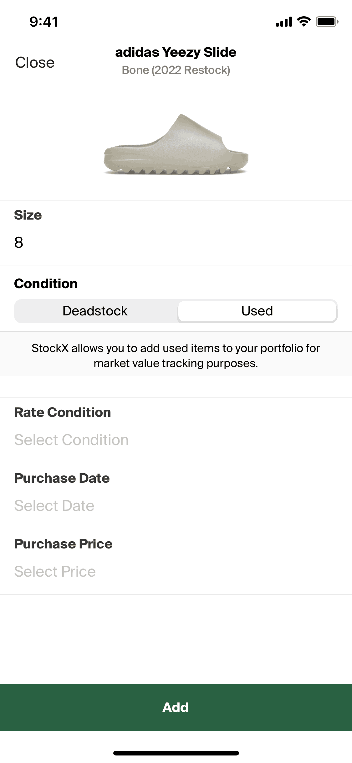 Adding an item to portfolio on StockX (ios) screen 2