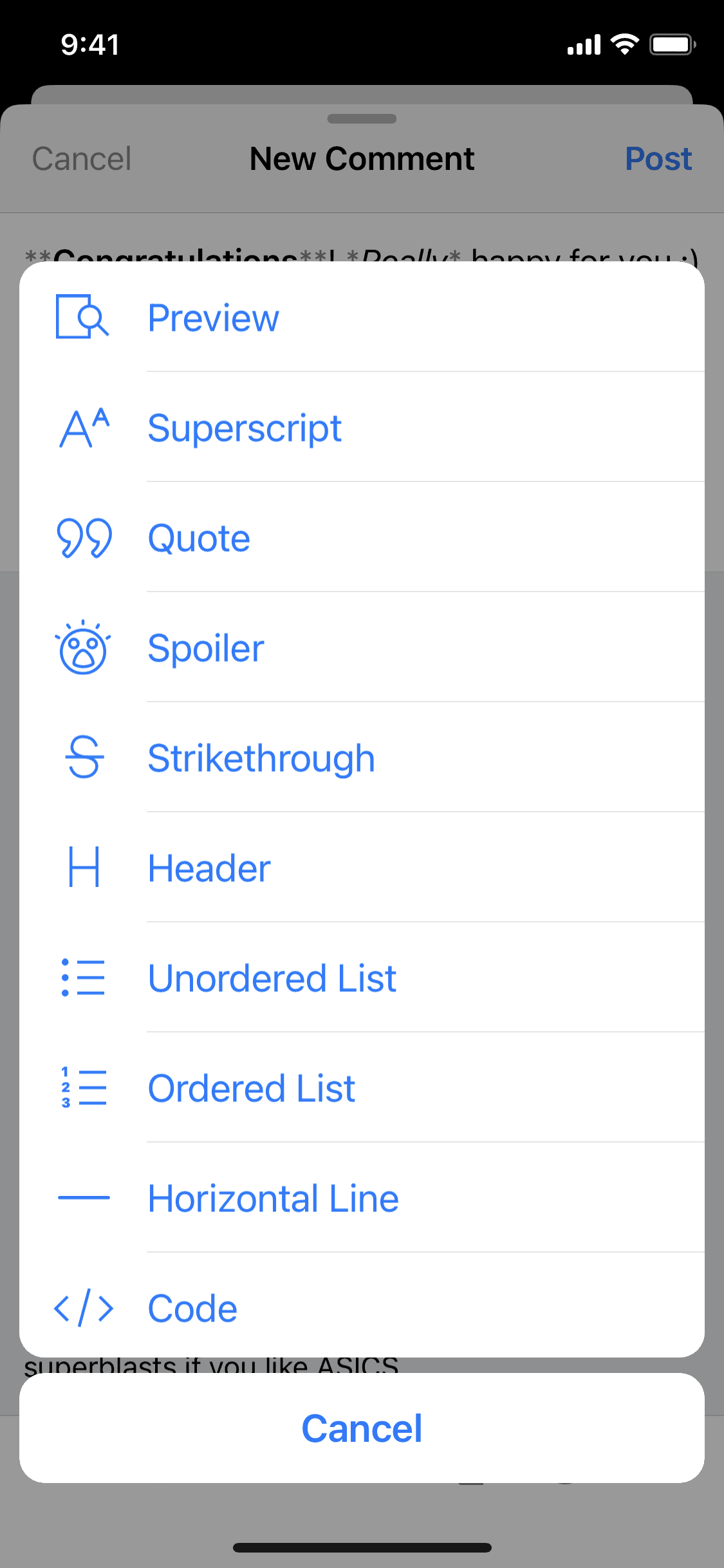 Previewing a comment on Apollo for Reddit (ios) screen 2