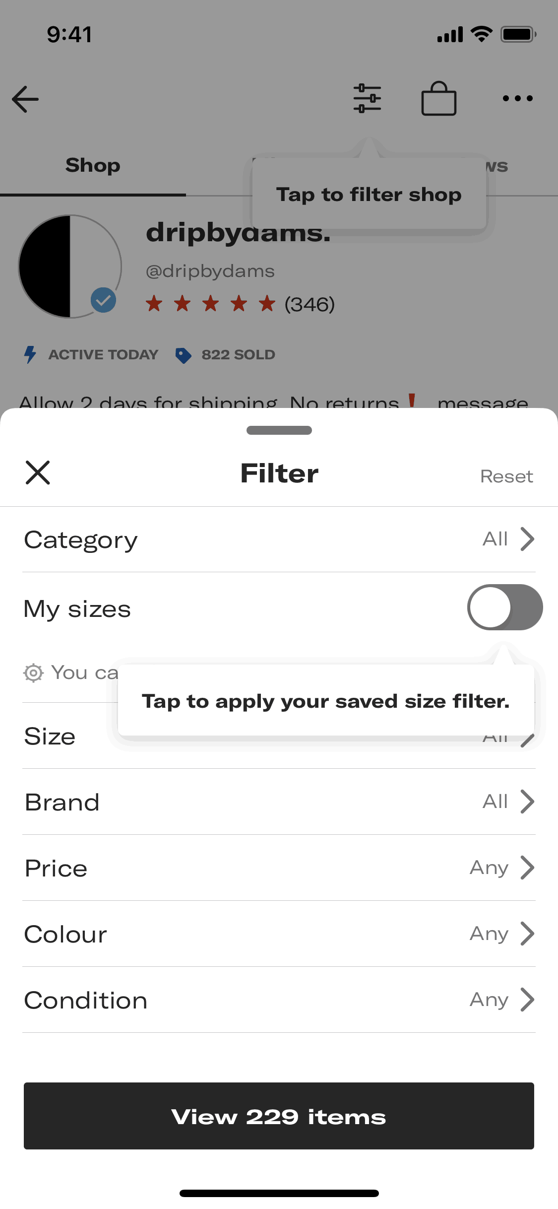 Filtering shop items on Depop (ios) screen 2