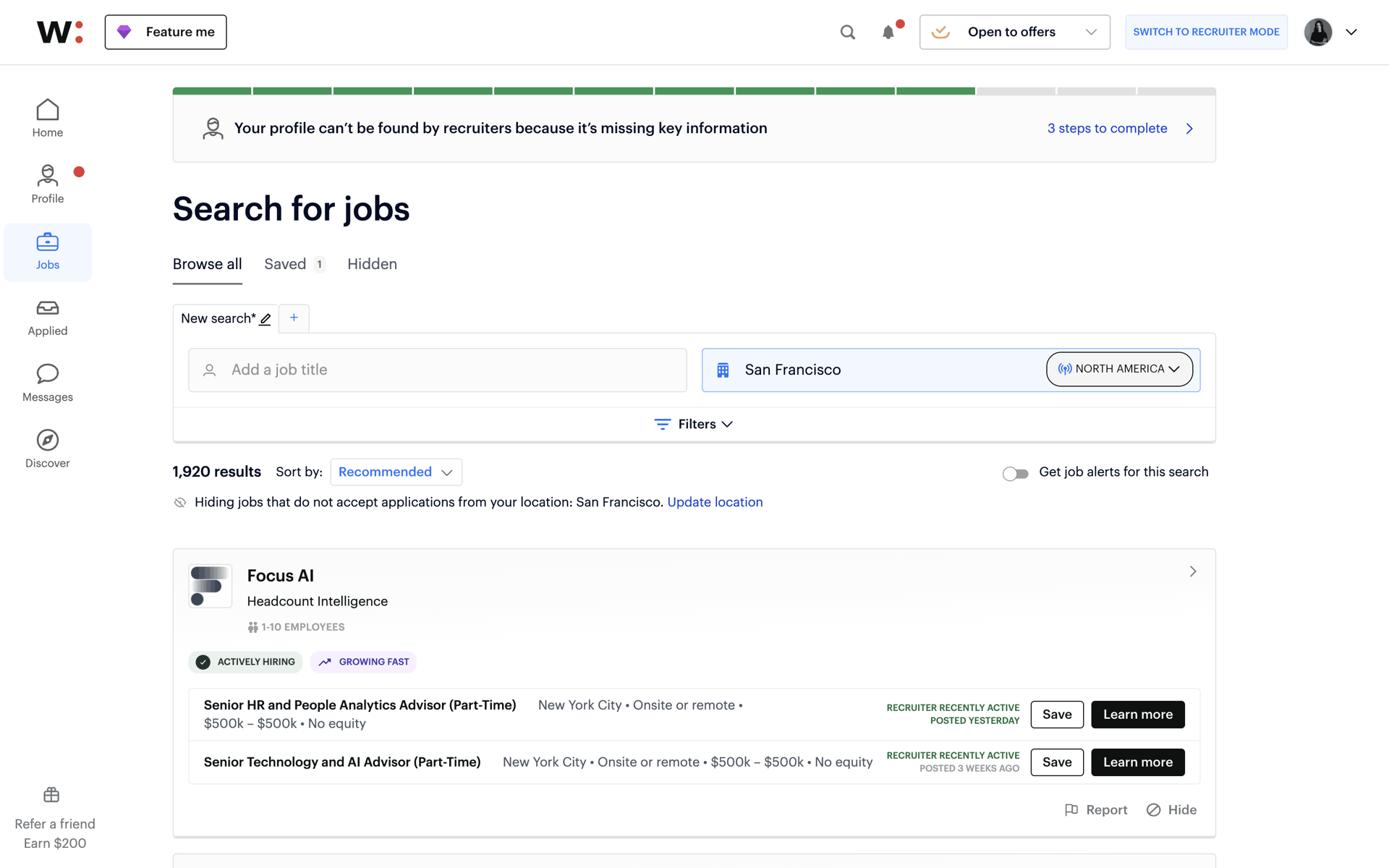 Wellfound Web Jobs & Recruitment interface screenshot 1
