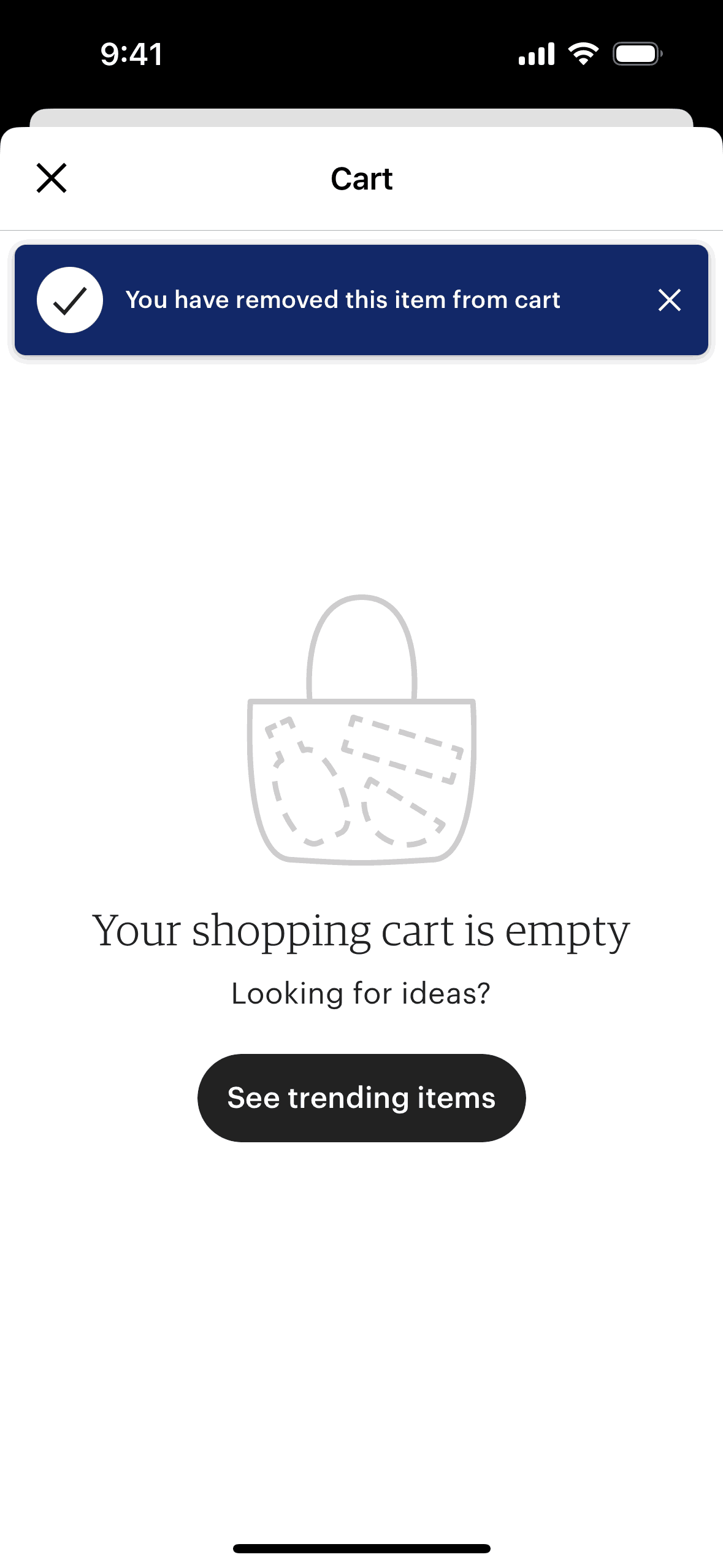 Removing an item from cart on Etsy (ios) screen 2