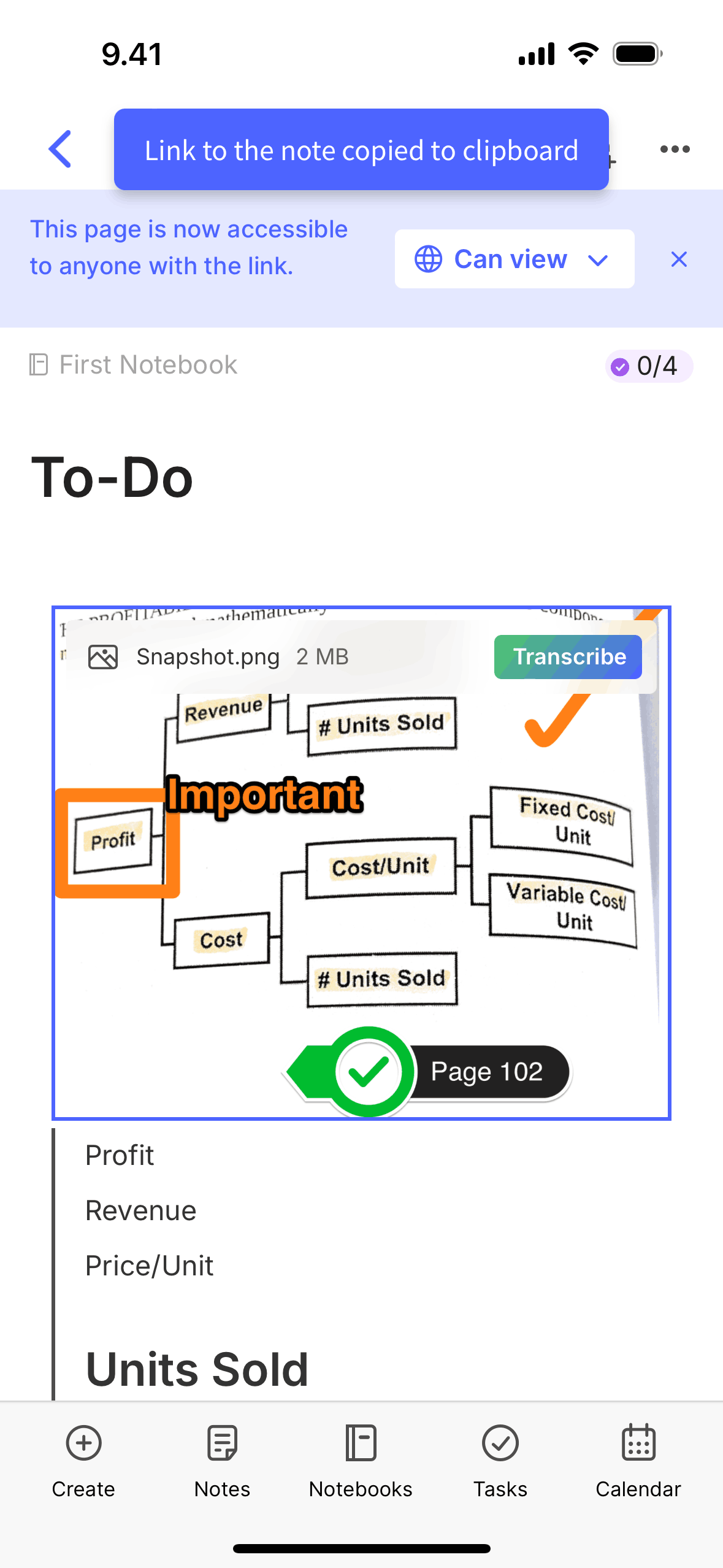 Copying a note link on Evernote (ios) screen 2