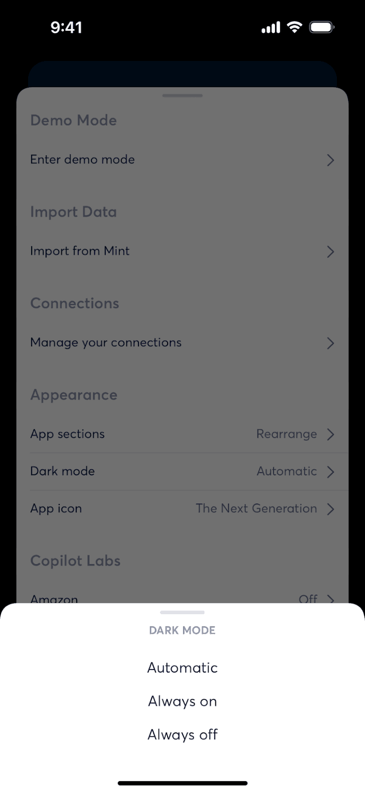 Copilot iOS Finance interface screenshot 14