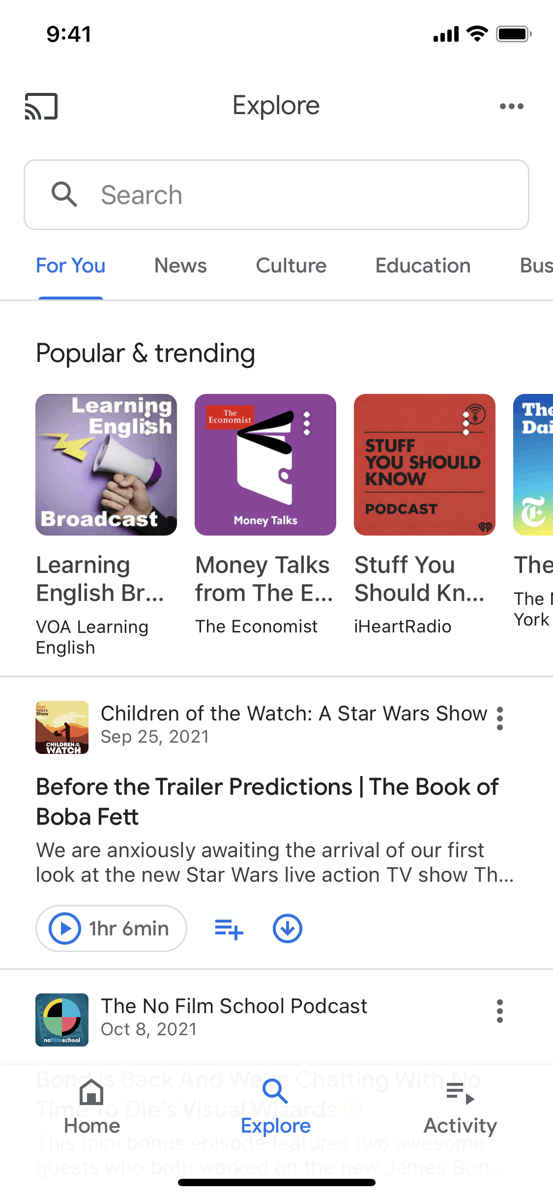 Google Podcasts iOS Entertainment interface screenshot 1