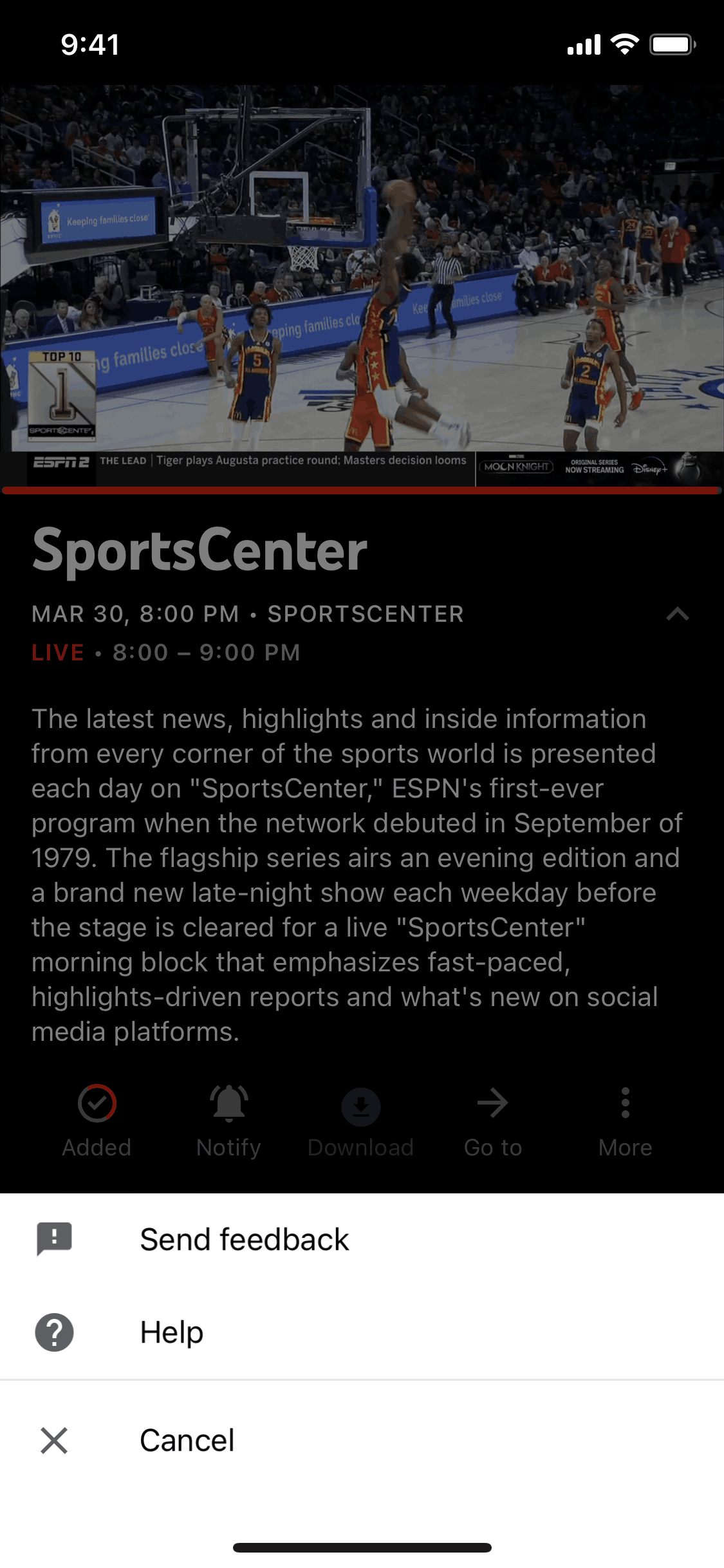 More options on YouTube TV (ios) screen 2