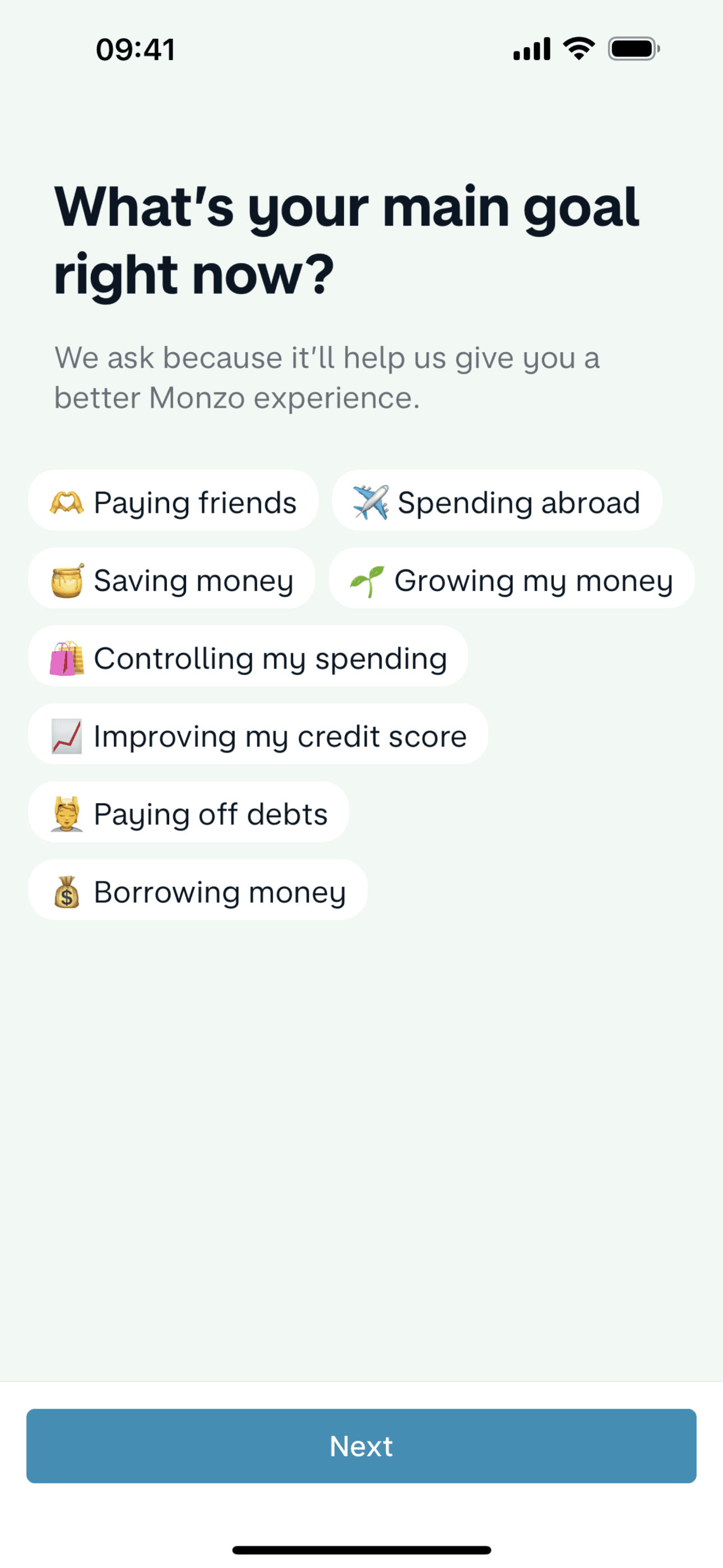 Setting up an account (Your account) on Monzo (ios) screen 2