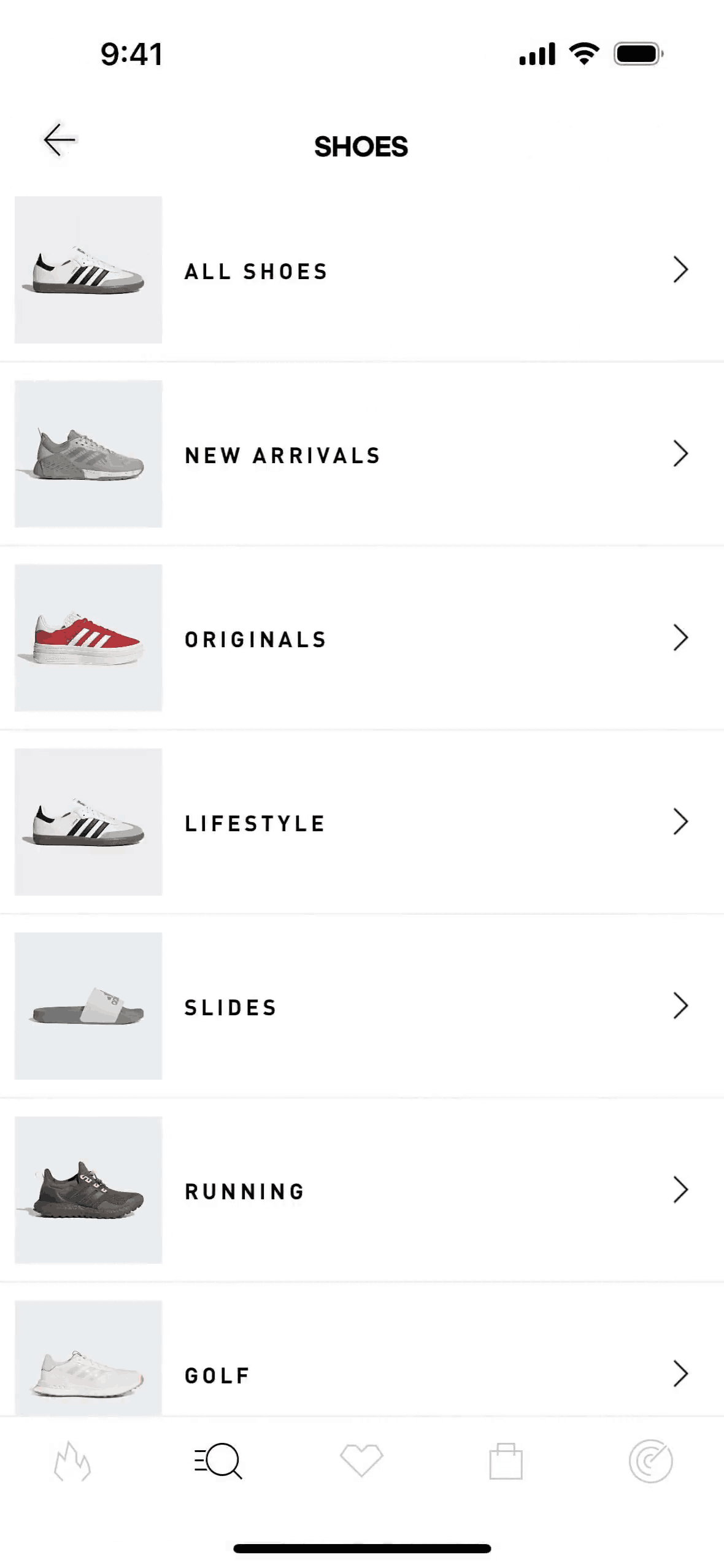 Browse by categories on adidas (ios) screen 2