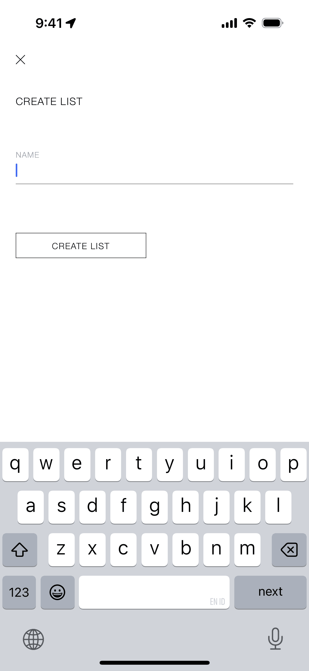 Creating a new list on ZARA (ios) screen 2